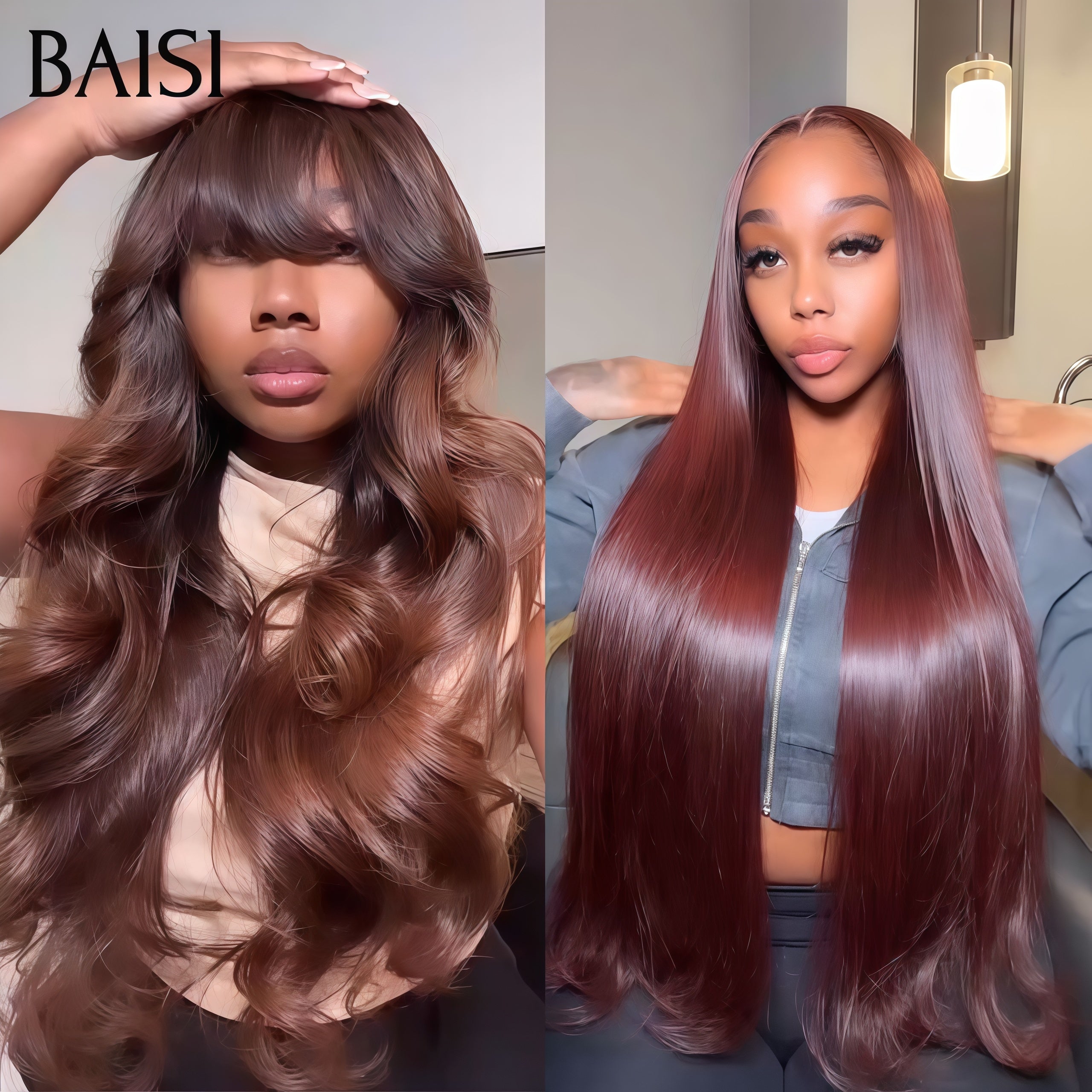 BAISI perruques 160€ 13X4 lace frontal body wave avec frange ou lisse marron 24 pouces en 100% Cheveux Humains BS65