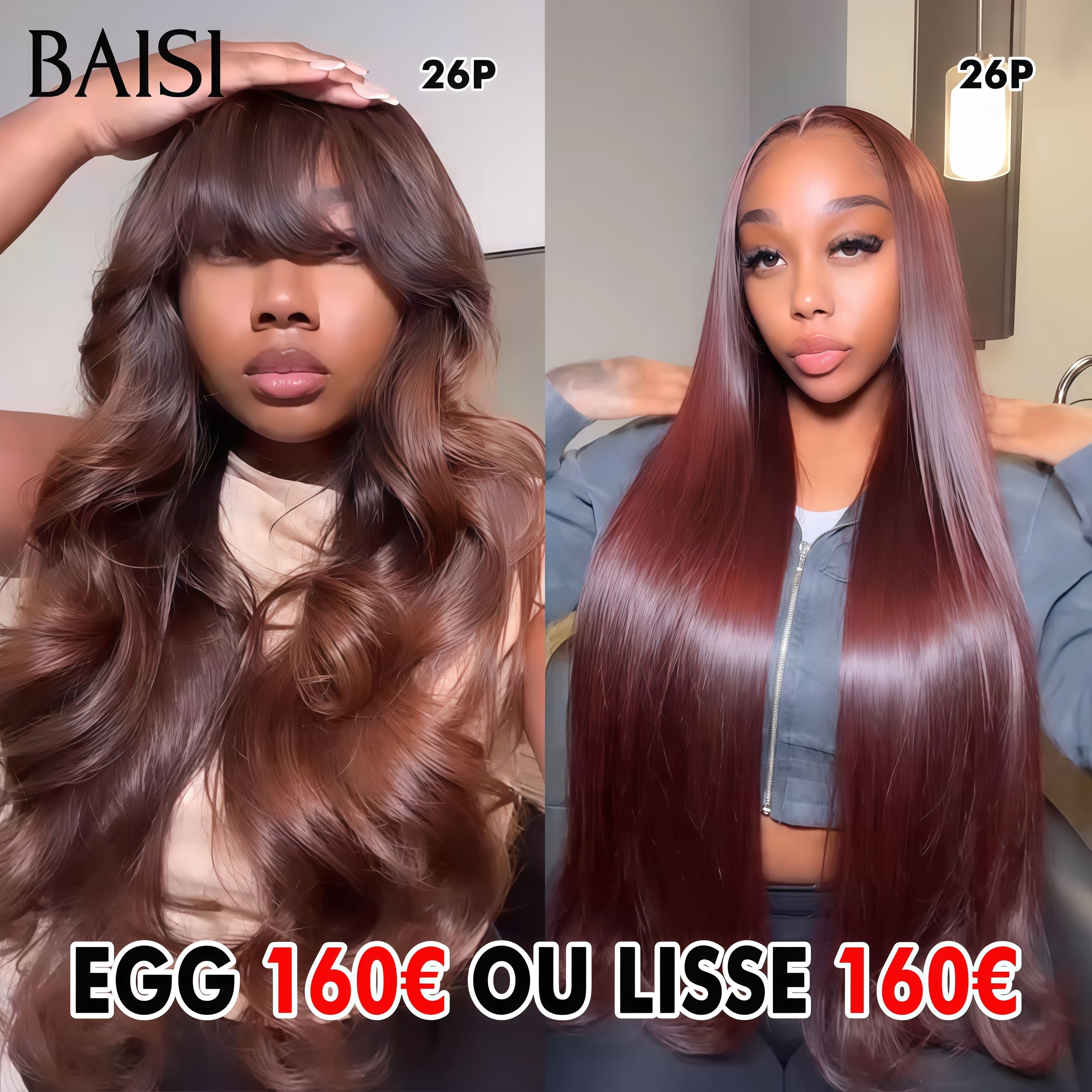BAISI perruques 160€ 13X4 lace frontal body wave avec frange ou lisse marron 24 pouces en 100% Cheveux Humains BS65