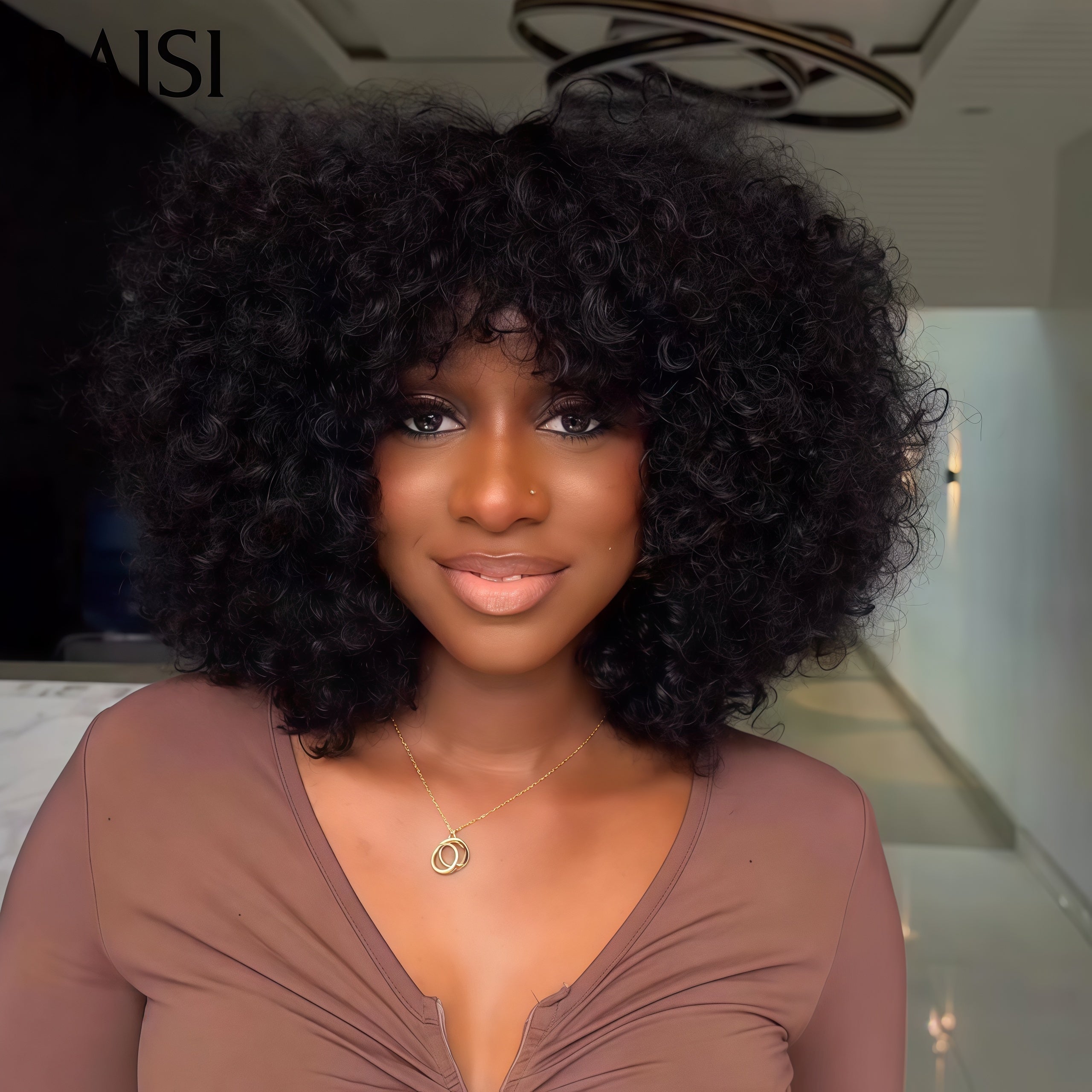 BAISI Achetez 2 perruques minimum au prix d'usine fournisseur Perruque curly Wave avec Frange En 100% Cheveux Humains En Cheveux Indians Brésiliens De Bonne Qualité (Pas besoins de code)