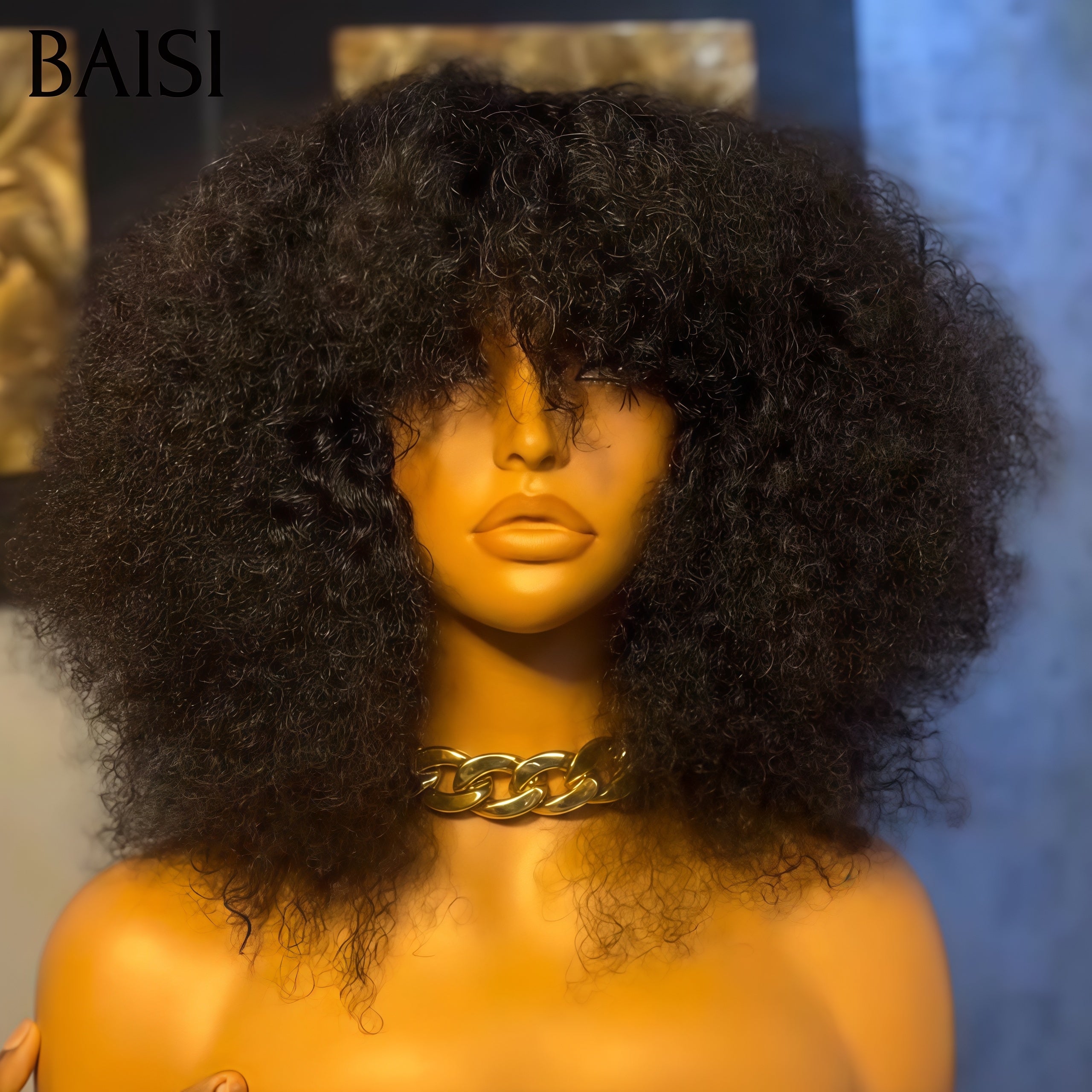 BAISI Perruques sans Colle sans lace bouclé curly Wave avec Frange noir 14 pouces 129€ 300% densité en 100% Cheveux Humains