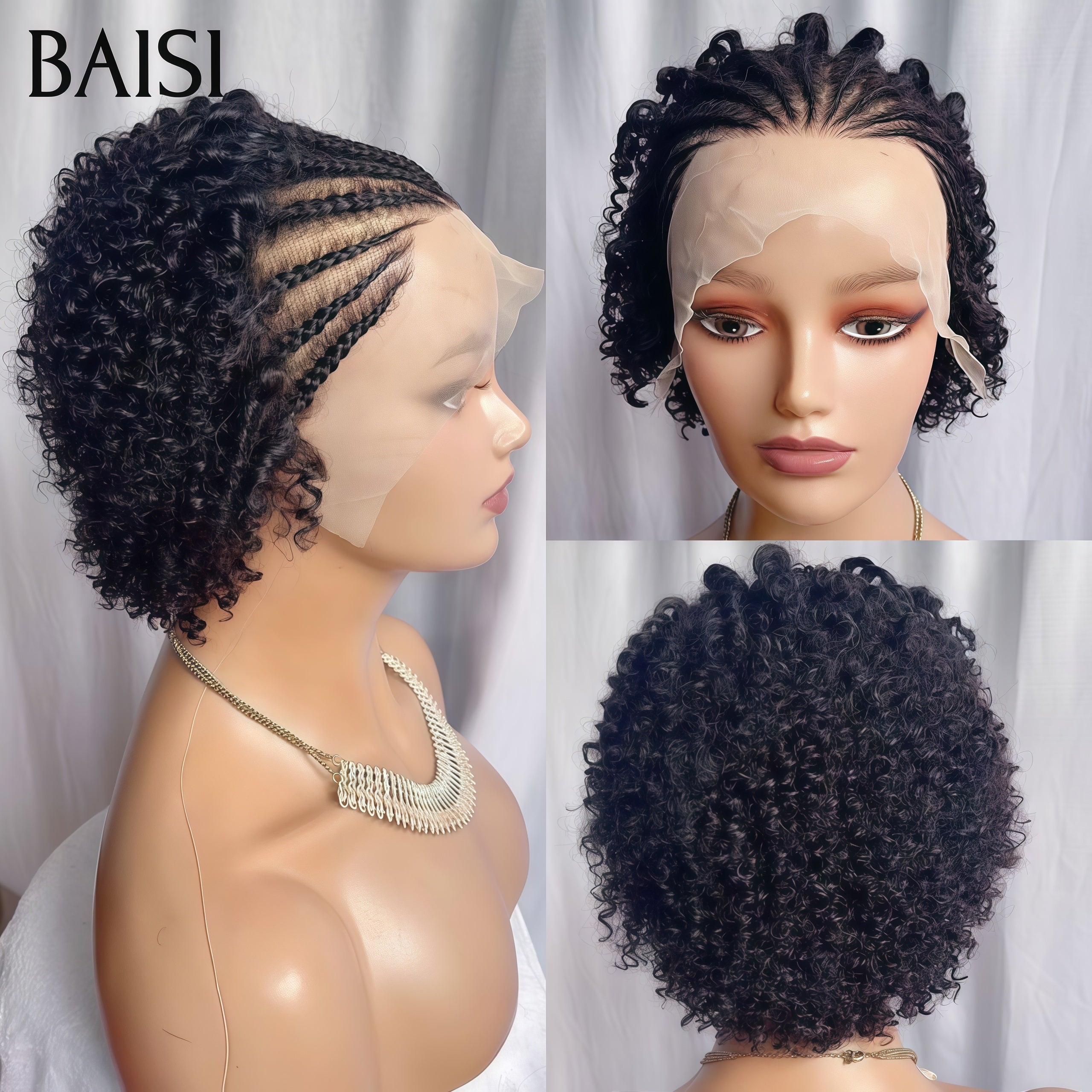 BAISI lace frontale perruque pixie 8 Pouces curl wave avec Petite natte frisé 59€ 100% cheveux humains