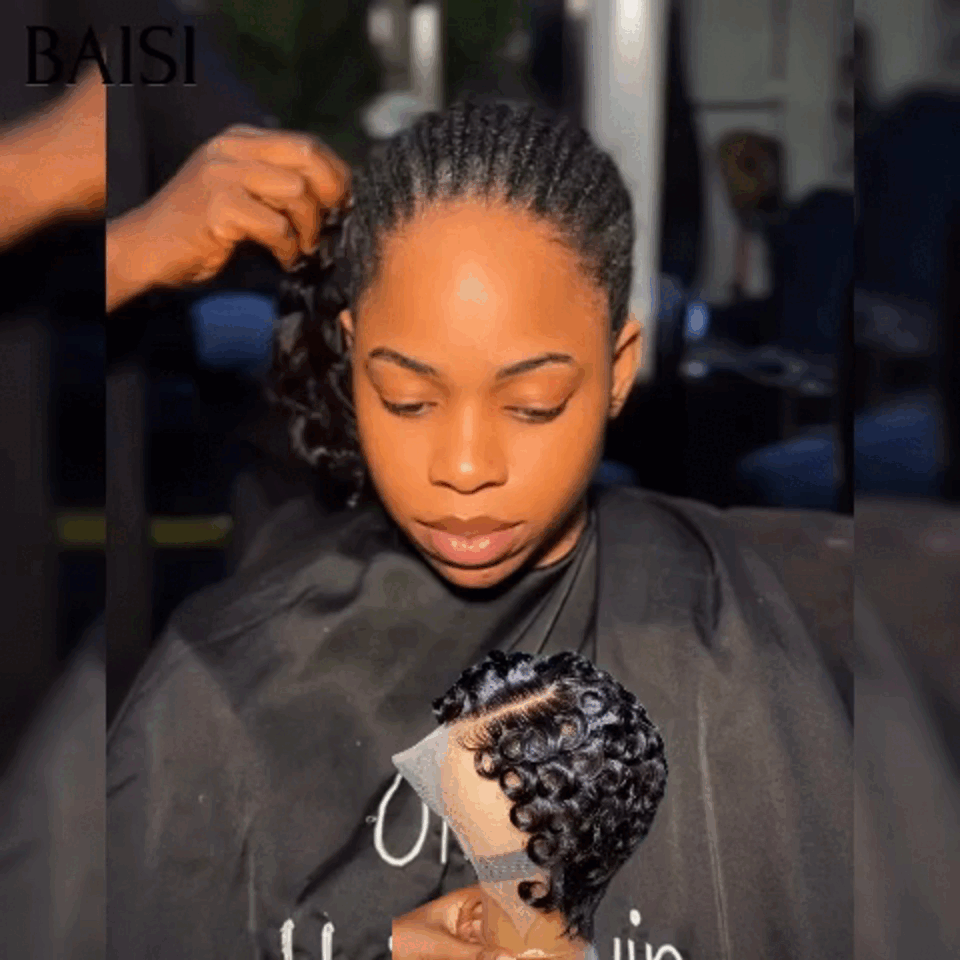 BAISI Perruque Chioma pixie 13X4 lace Frontale finger wave NOIR Moitié Prix 55€ sans Colle en 100% Raw Hair Lace déjà couper MP50