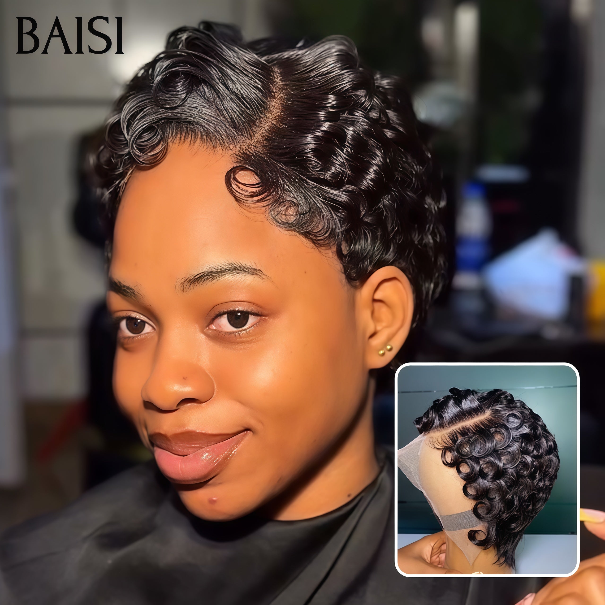 BAISI Perruque Chioma pixie 13X4 lace Frontale finger wave NOIR Moitié Prix 55€ sans Colle en 100% Raw Hair Lace déjà couper MP50