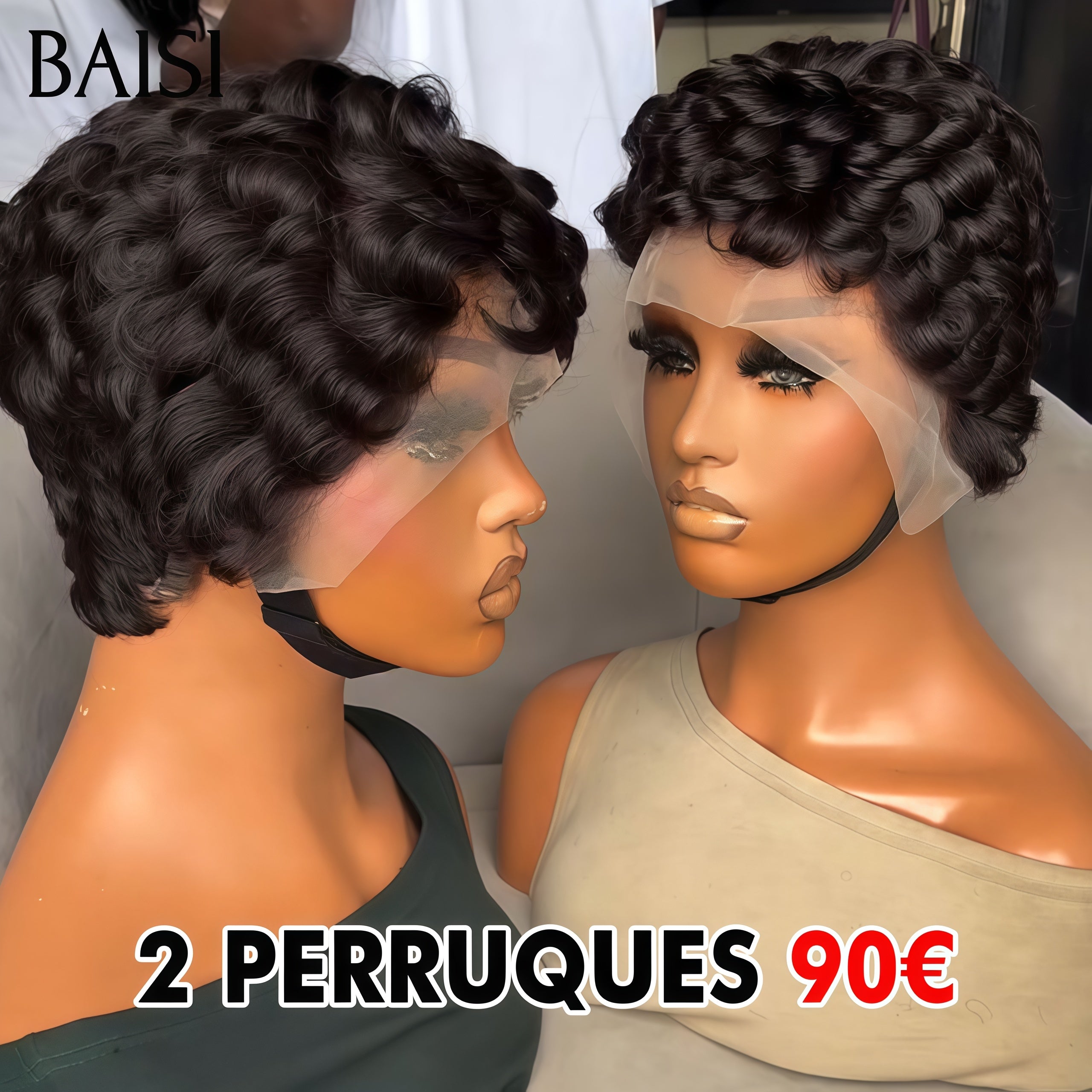 BAISI pixie Coiffure 2 Perruques 90€ 13X4 lace frontal comme la video NOIRen 100% Cheveux humains