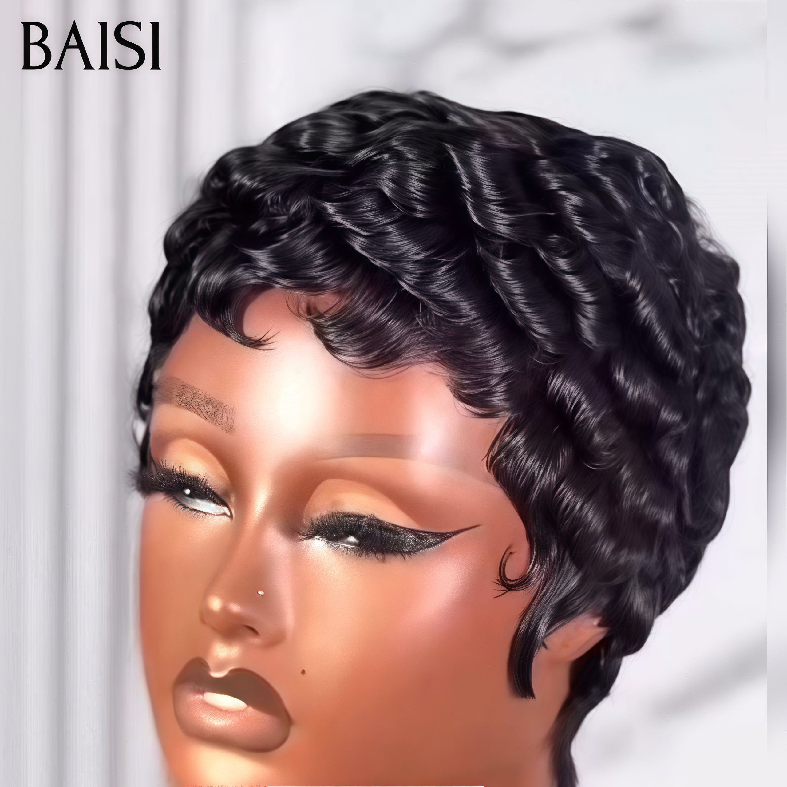 BAISI pixie finger wave noir Moitié Prix sans Colle 50€ ou avec frontal 58€ ou Full Lace 139€ en 100% Cheveux Humains MP50