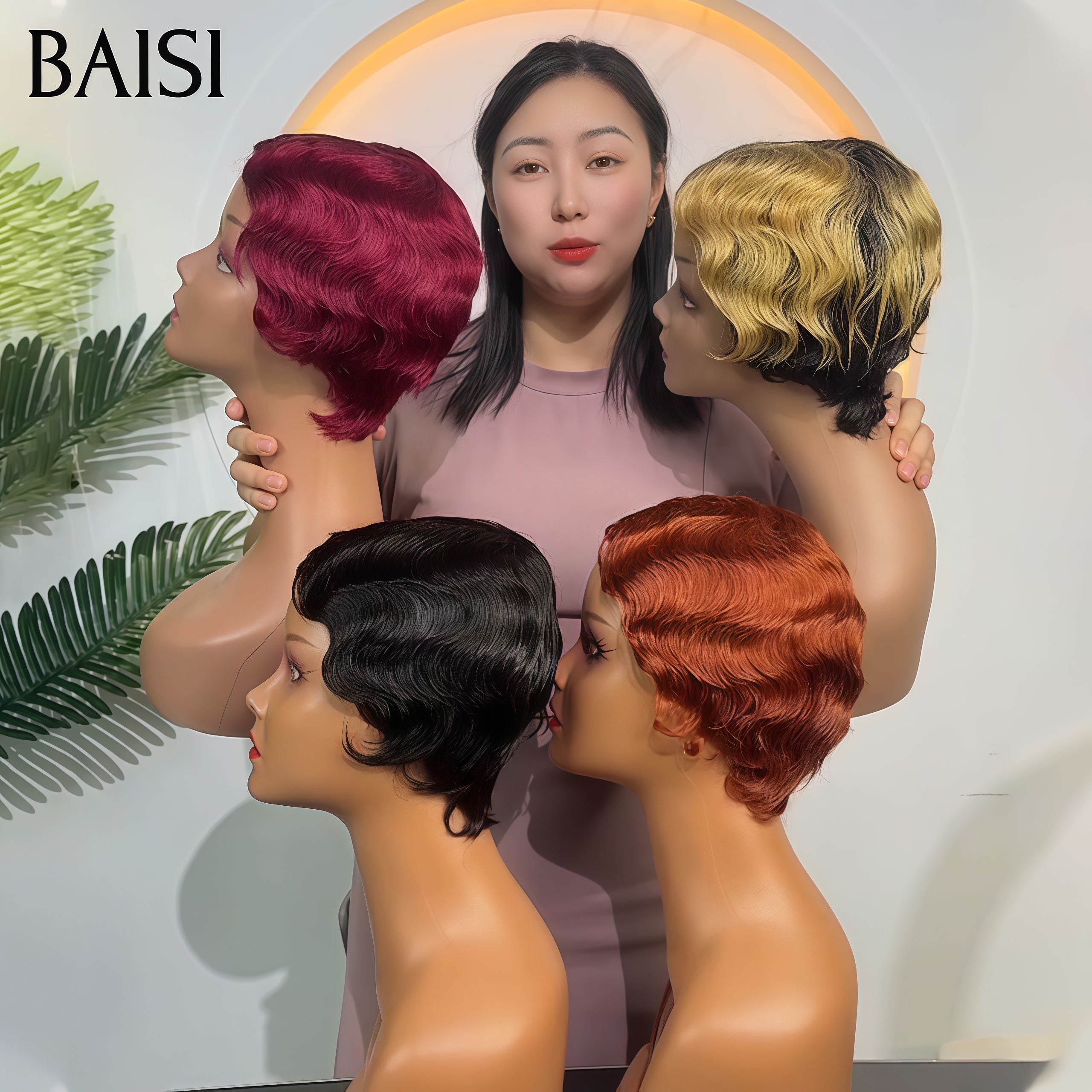BAISI Grande PROMO 4 perruques 80€ pixie water wave petite coupe fabriqué à la machine en 4 couleurs en 100% vrais cheveux humains