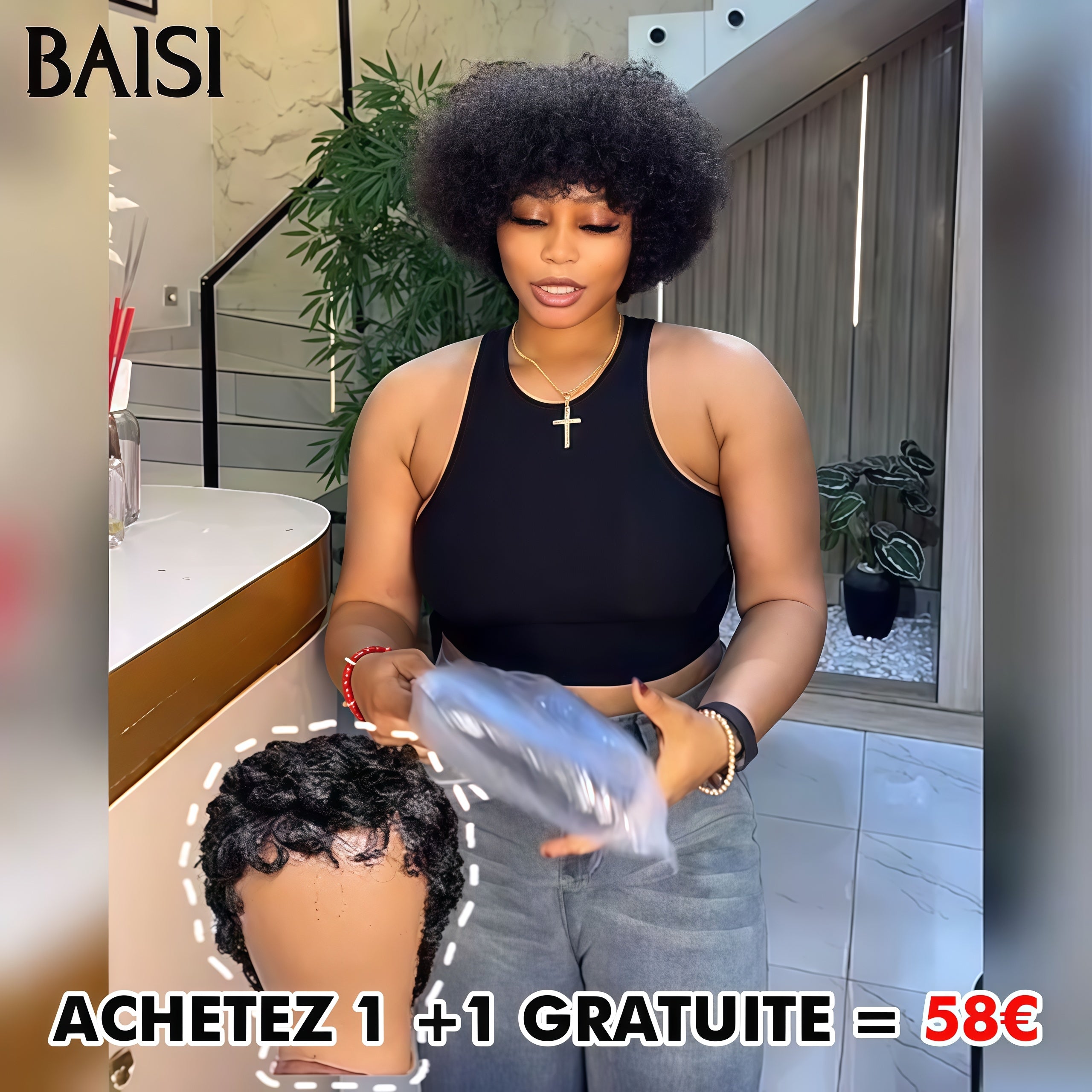 BAISI Achetez 1 +1 Gratuite= 58€ Offre Flash Pixie Afro et finger wave sans Colle En 100% Cheveux Humains