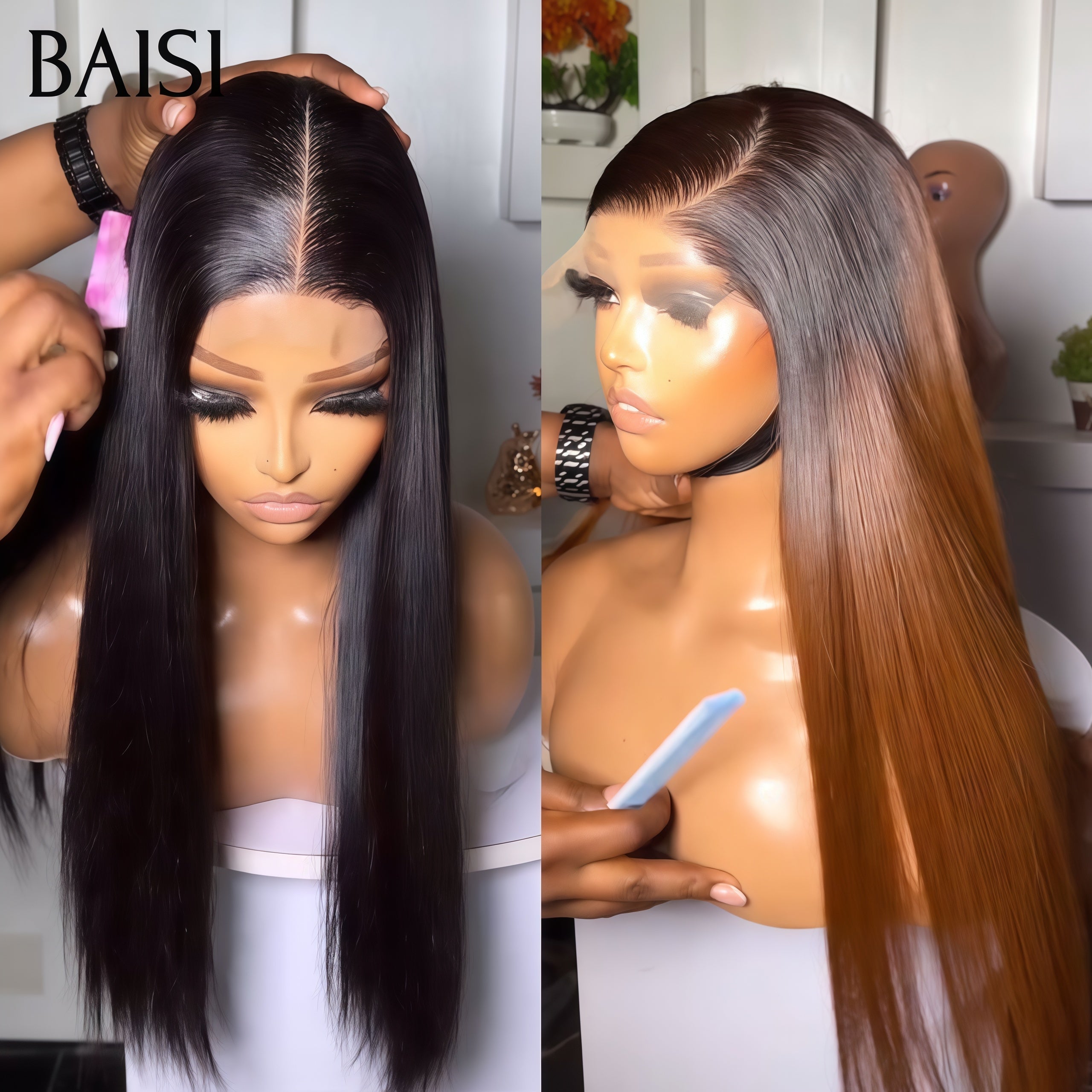 BAISI pour revendre 2 perruques 149€ 13x4 lace frontal Lisse BOB 14 pouces NOIR et brun 4T30# en 100% vrais cheveux humains
