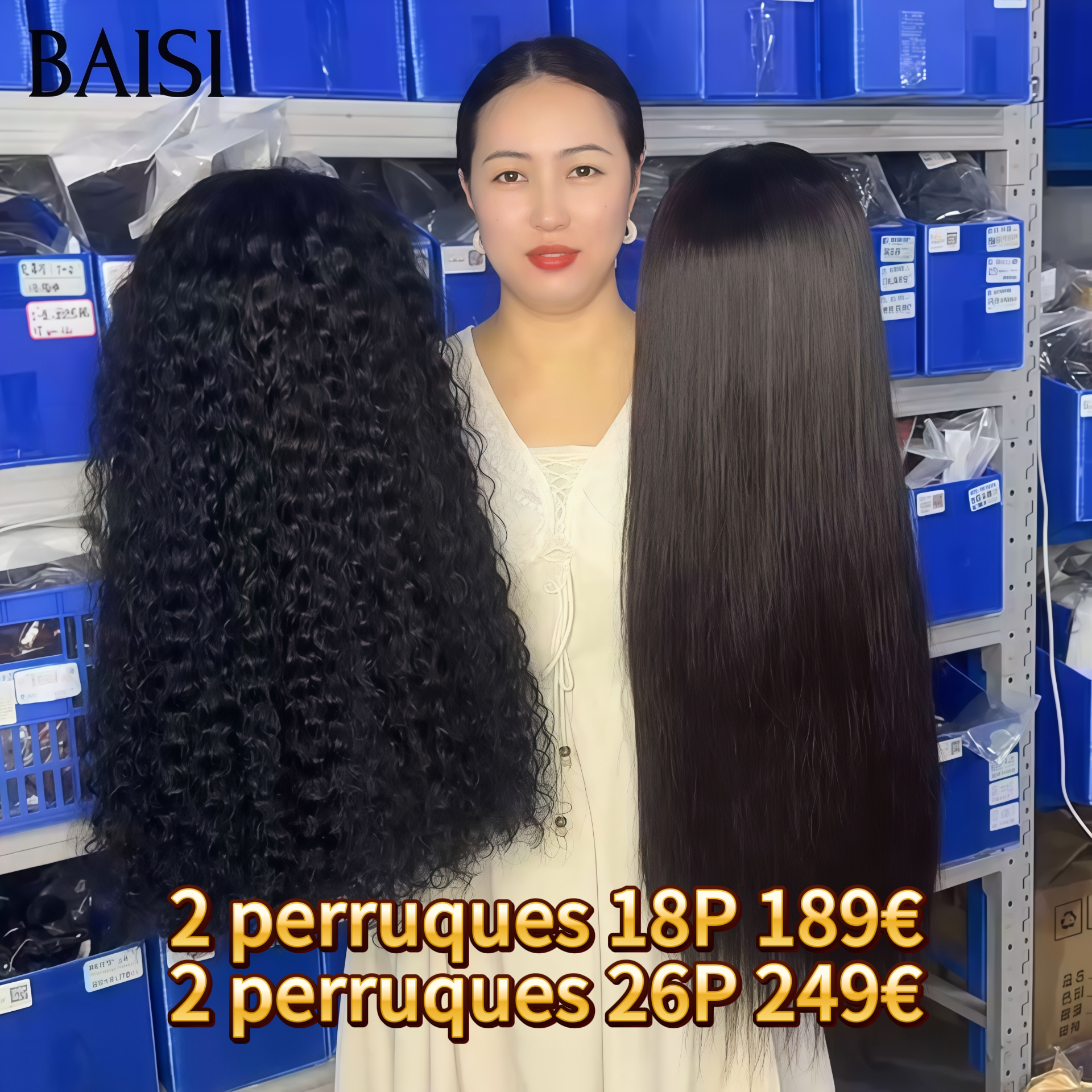 BAISI vente flash 2 Perruques 189 euro 4X4 lace curly et lisse 18 pouces ou 2 Perruques 249€ 26 Pouces 13X4 lace frontal curly wave et 4x4 lace closure Lisse en 100% vrais cheveux humains BS65