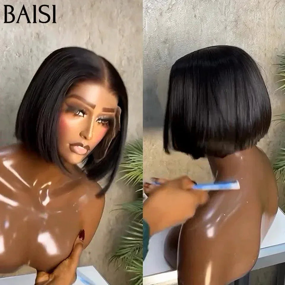 BAISI Grande Promo 13x4 Frontale in Pizzo Parrucca BOB Nera Liscia 10 Pollici 79€ In 100% Capelli Umani B