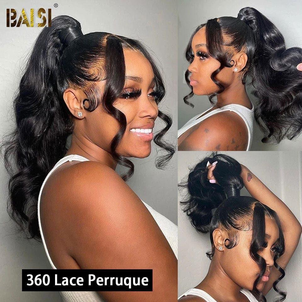 BAISI 360 Lace Perruque Body Wave en Vrais Cheveux Humains Coiffure Chignion