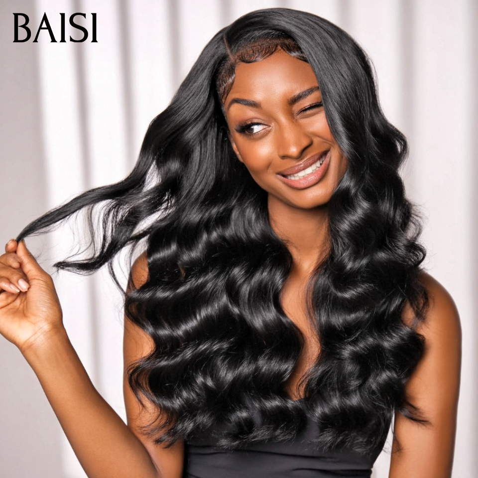 BAISI 4x4 Bob Body Wave Wig in Black Glueless Lace Front Cut Easy to Wear 100% Human Hair