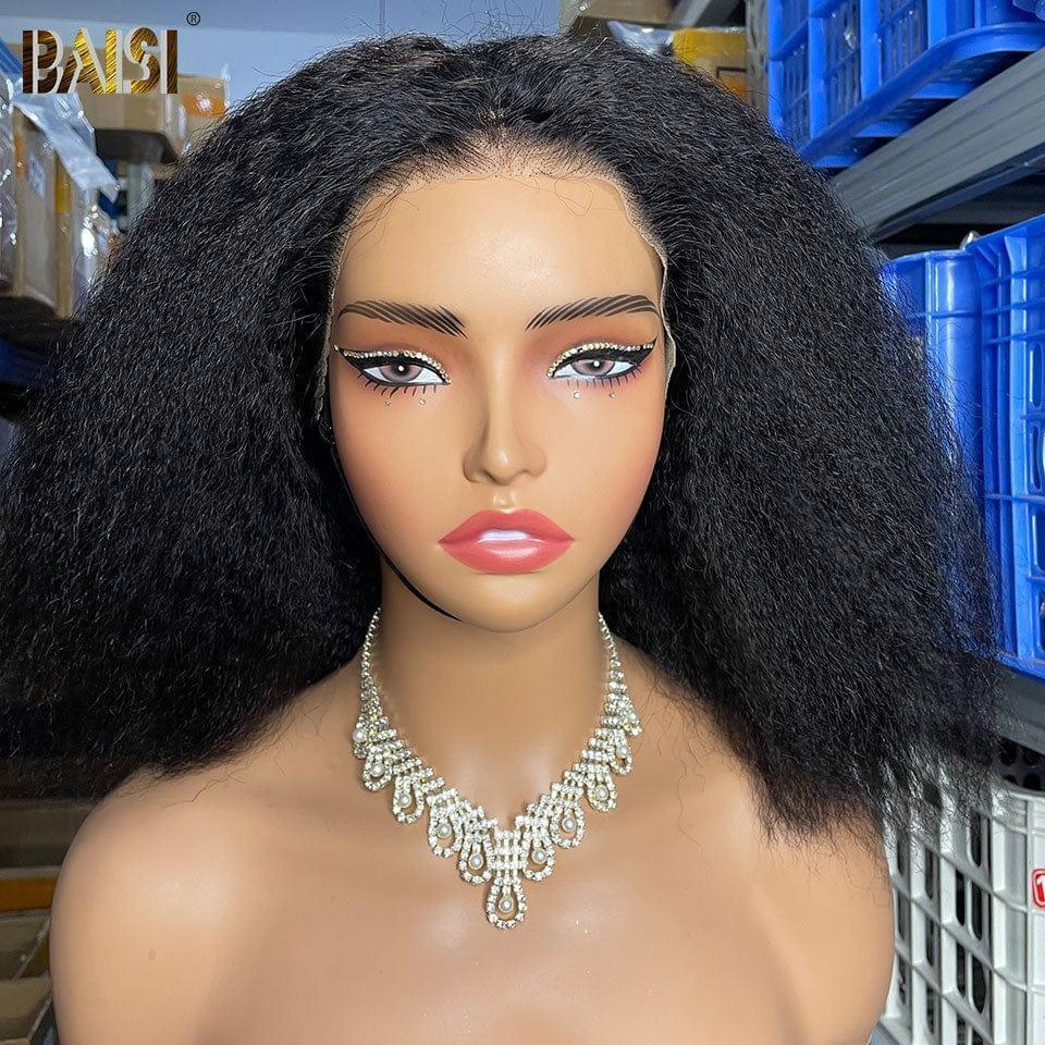 BAISI Compre mínimo 2 perucas ao preço de fábrica, fornecedor de peruca Kinky Straight Yaki sem cola, lace já cortada, fácil de usar, em 100% cabelo humano (sem necessidade de código)