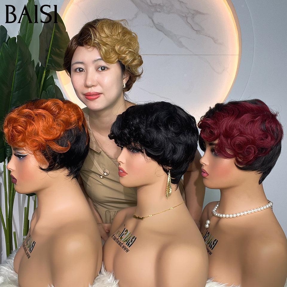 BAISI Pixie perruque chioma finger wave NOIR Avec Frontale 55€ ou En 4 Couleur #4#27 et orange et 99J et noir 160€ sans colle sans lace en 100% Cheveux Humains