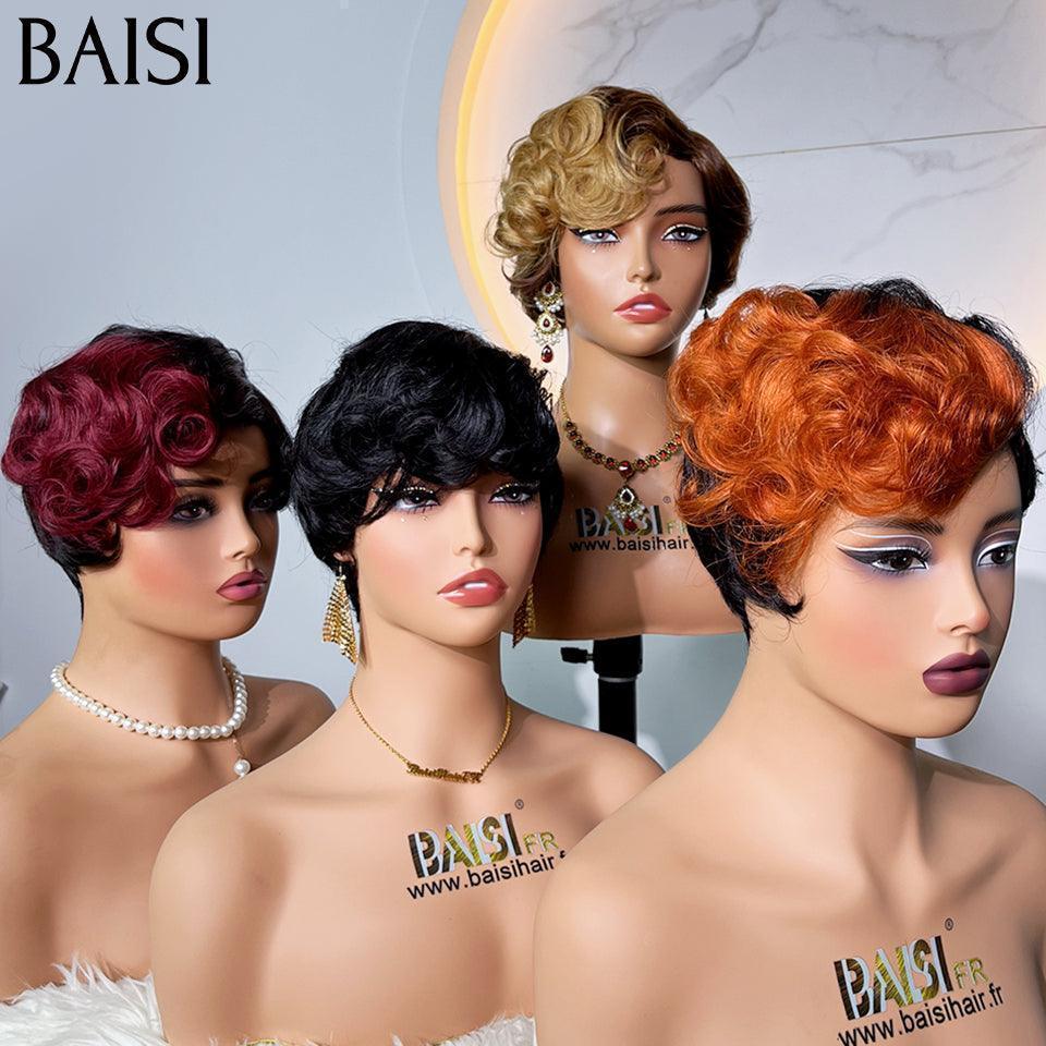 BAISI Pixie perruque chioma finger wave NOIR Avec Frontale 55€ ou En 4 Couleur #4#27 et orange et 99J et noir 160€ sans colle sans lace en 100% Cheveux Humains
