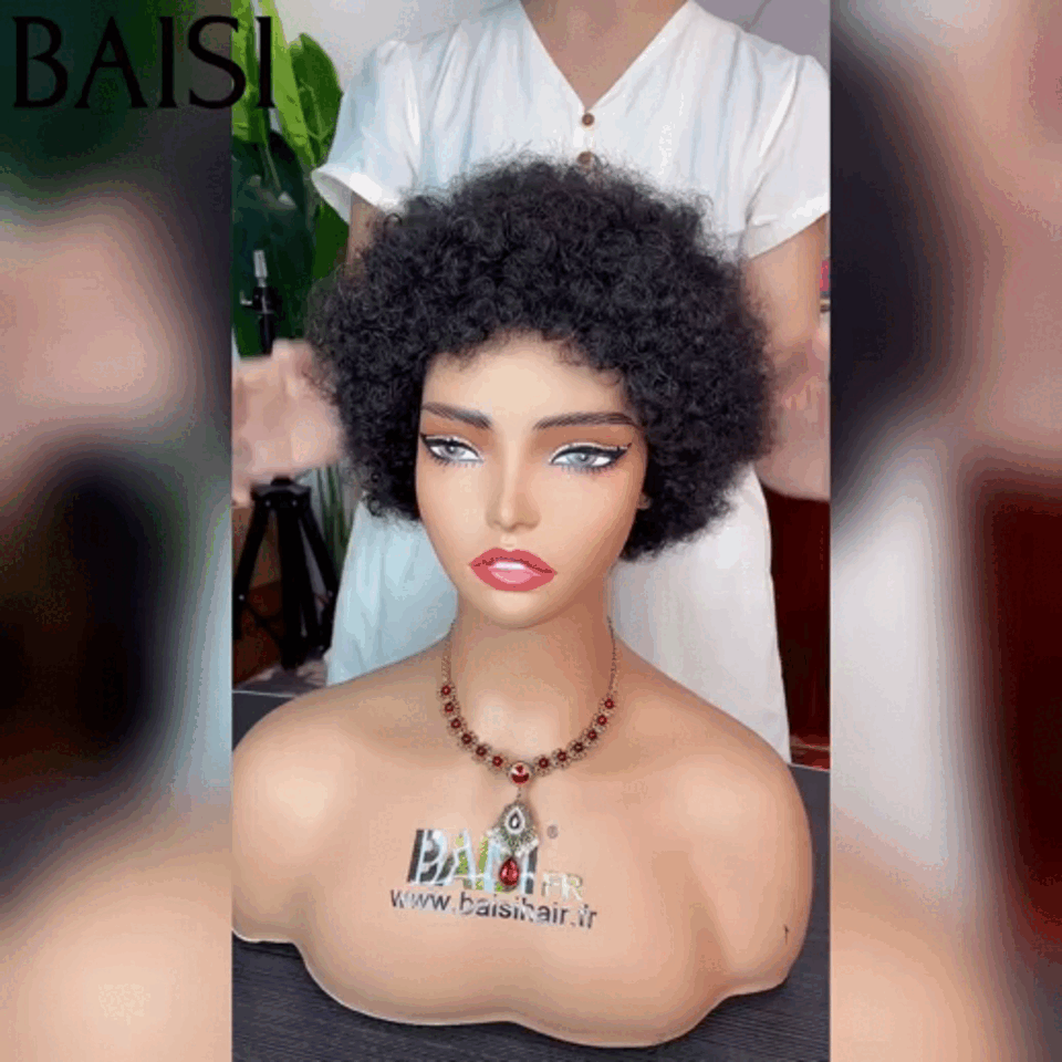 BAISI Offre Flash Perruques comme en LIVE 40€ Pixie Afro sans lace sans colle bouclé partout Noir en 100% cheveux humains
