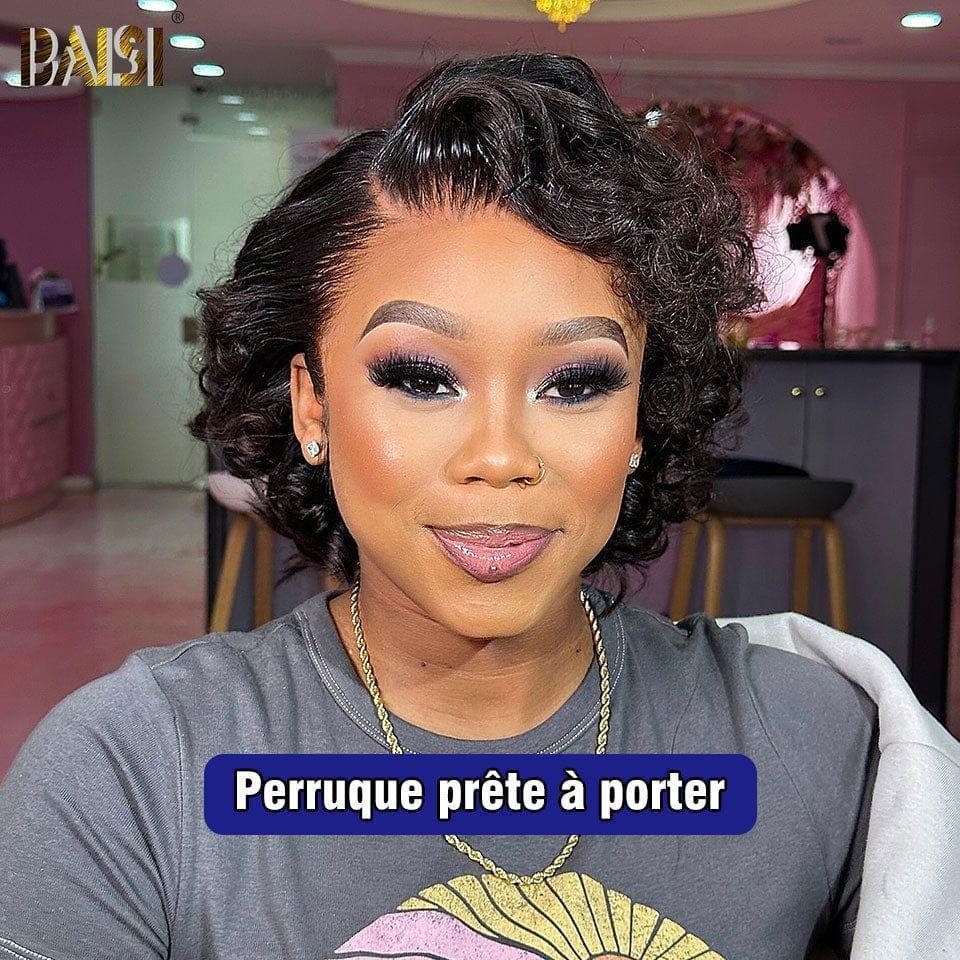 BAISI Peruca 13x4 encaracolada Curly Wave preta, 8 polegadas, 108 €, 200% densidade, pré-desfiada, sem necessidade de cola, em 100% Raw Hair, lace já cortada