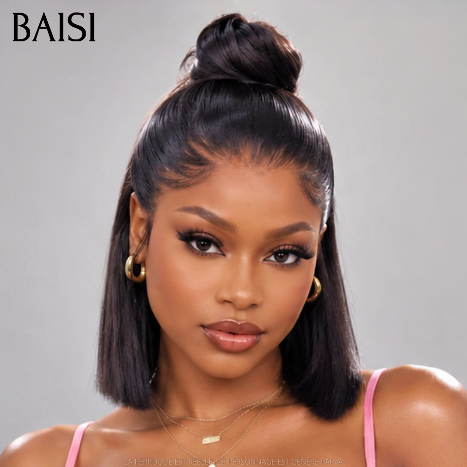 BAISI 13x4 Lace Perruque Déjà Coiffée Bob Lisse 14Pouces A Partir de 126€ Couleur Noir 1B# Beauté Evidente en 100% Cheveux humains