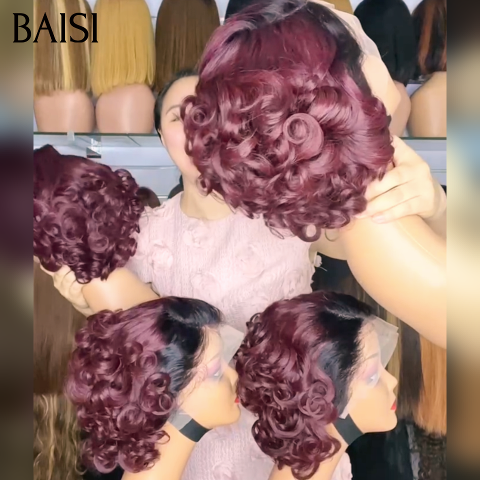 BAISI 13x4 Lace Perruque BOB Bouclée Wave en couleur Noir et Bordeaux 1B/99J# Très Jolie Boucle en 100% Cheveux Humains