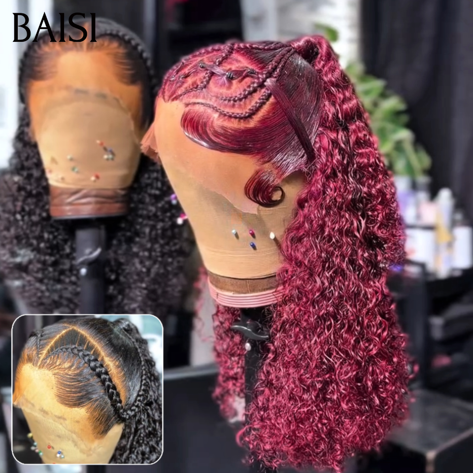 BAISI 13x4 Lace Perruque Coiffée Bouclée Curly En Nattes Rampantes Couleur Noir 1B# ou Rouge Bordeaux 99J# Deja Prête A Porter en 100% Cheveux humains