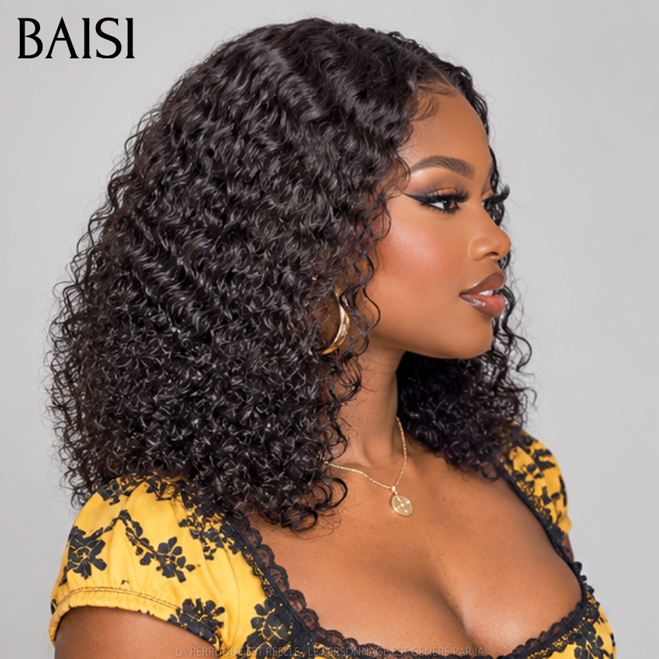 BAISI Grande SOLDES TVA 0€ 300% Densité Sans Colle 4X4 Closure Perruque Naturelle Curly 12 Pouce 95€ Lace déjà couper Facile à Porter en 100% Cheveux Humains FR38