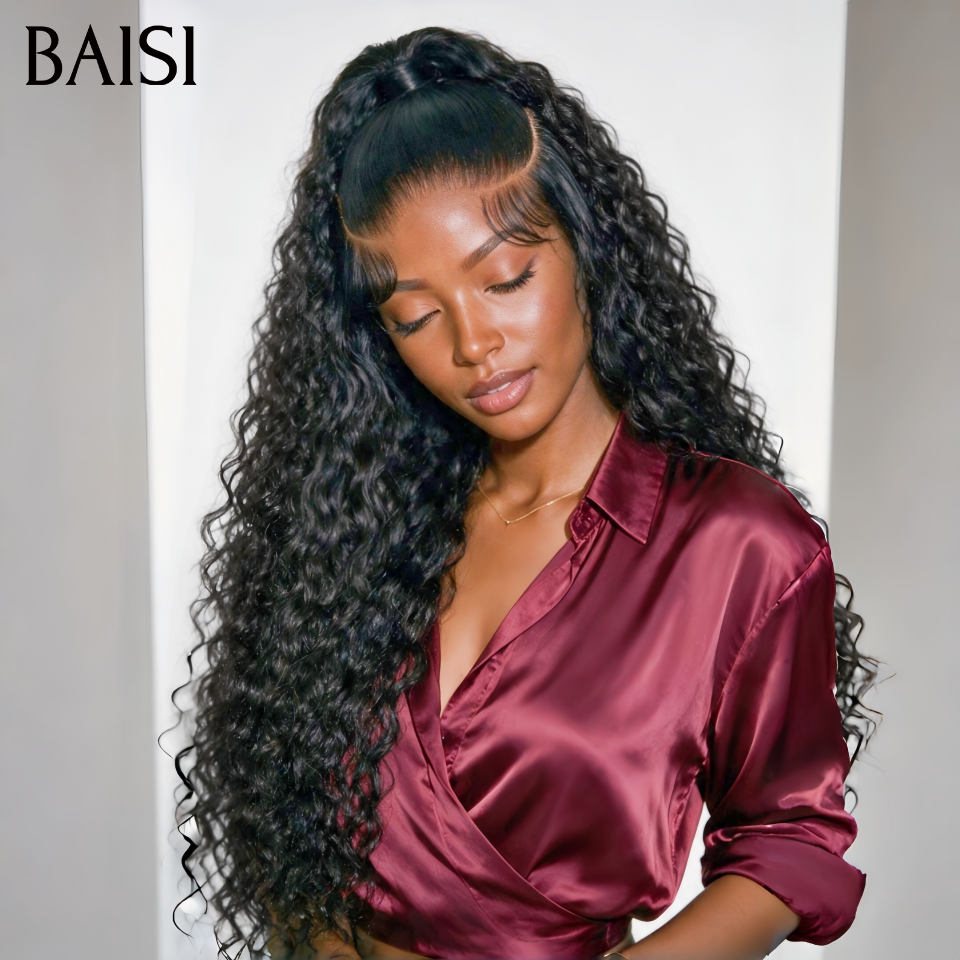 BAISI 13x4 Lace Perruque Coiffée Curly Wave Bouclée Noir 24Pouces 199€ Deja Prête à Porter Pratique et Rapide en 100% Cheveux Humains