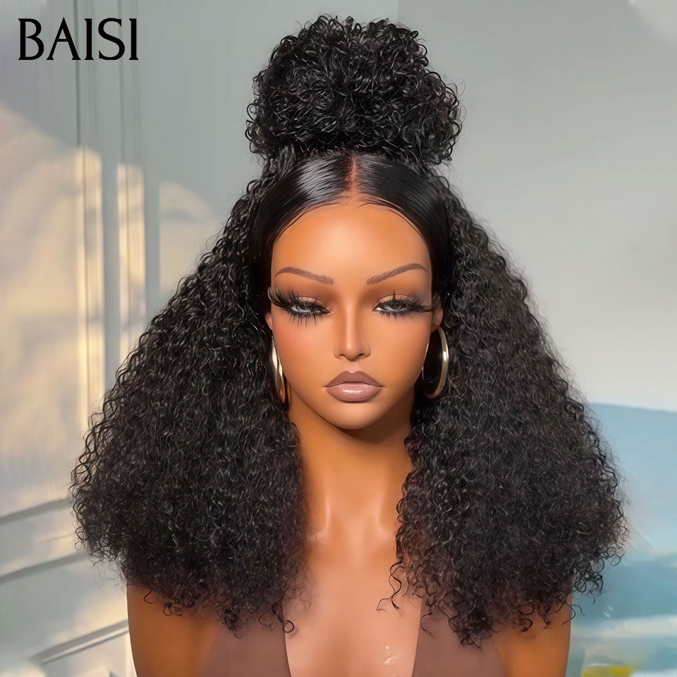 BAISI 13x4 lace frontal Perruque Frisée Curly 20Pouces Déjà Coiffée Sans Colle Couleur Noir Beaucoup de Volume très Bonne Qualité en 100% Cheveux Humains