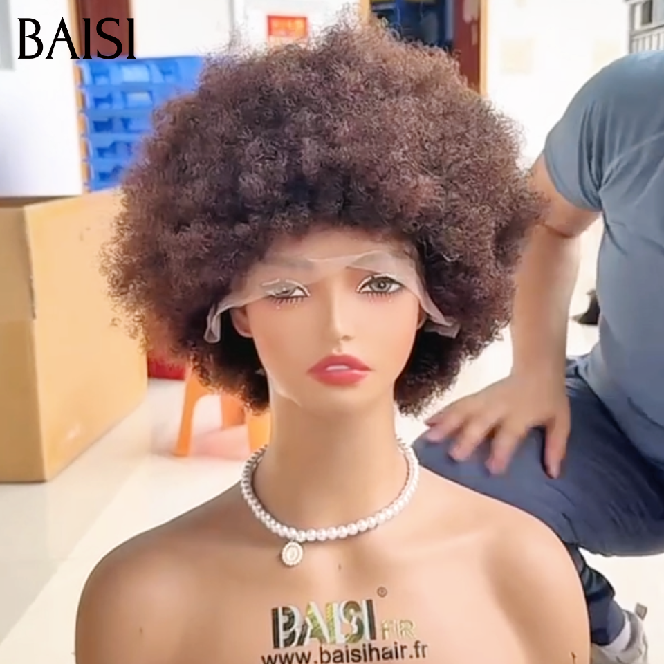 BAISI 13x4 Lace Perruque Bob Afro Marron 4# Bien Touffue 10Pouces 79€ Densité 300% en 100% Cheveux humains