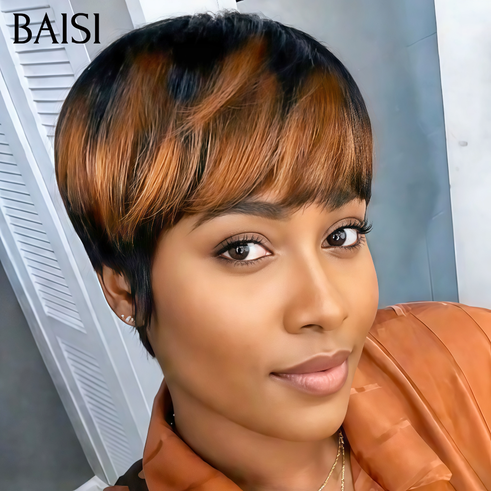 BAISI Perruque Pixie Courte 48€ Prêt à Porter Sans Colle Sans Lace Couleur Marron et Noir 1B/30# Pour Débutants en 100% Cheveux Humains Fabriqué à la Machine