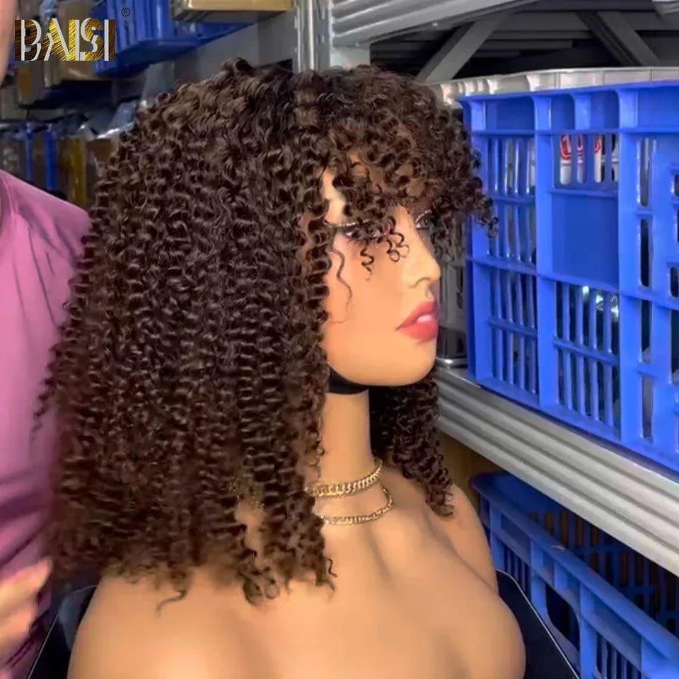 BAISI Compre 2 perucas no mínimo ao preço de fábrica do fornecedor Peruca bob encaracolada lace 13X4 por 53€ ou kinky curly com franja em castanho #4 em 100% cabelo humano verdadeiro (Sem necessidade de código)
