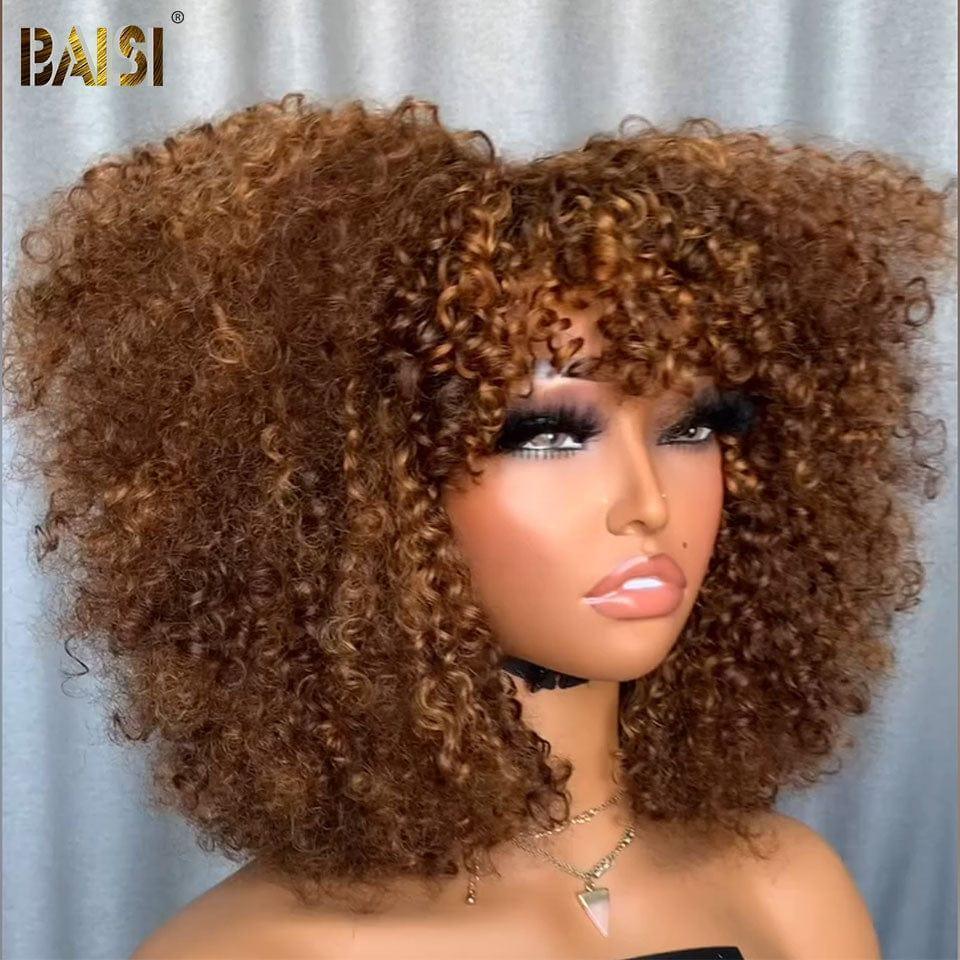 BAISI Achetez 2 perruques minimum au prix d'usine fournisseur Perruque Bouclée kinky Curly Wave avec Frange en NOIR ou Marron #4 (Pas Besoins De Code)