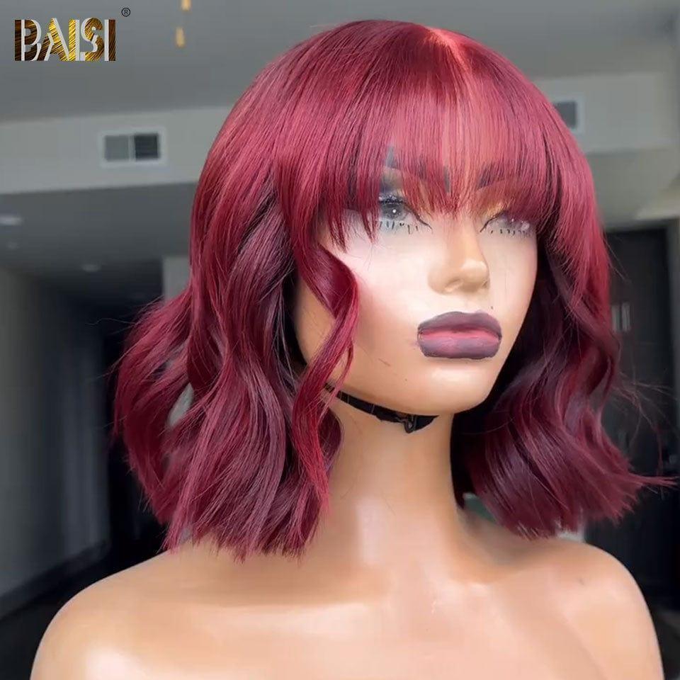 BAISI PERRUQUE Rouge Bordeaux water wave AVEC FRANGE 12 POUCE 89€ FABRIQUÉ À LA MACHINE C