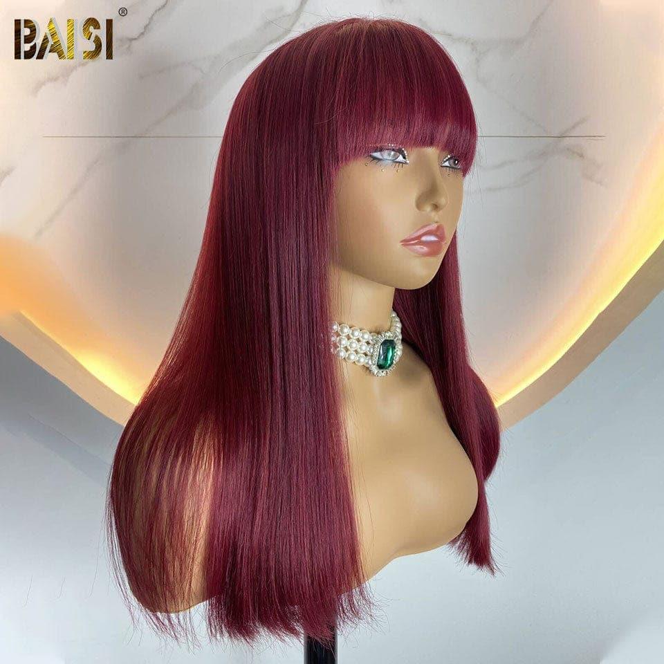 BAISI Perrucche di lusso lisce Bordeaux #99J con frangia, realizzate con capelli double drawn, con riga naturale al centro