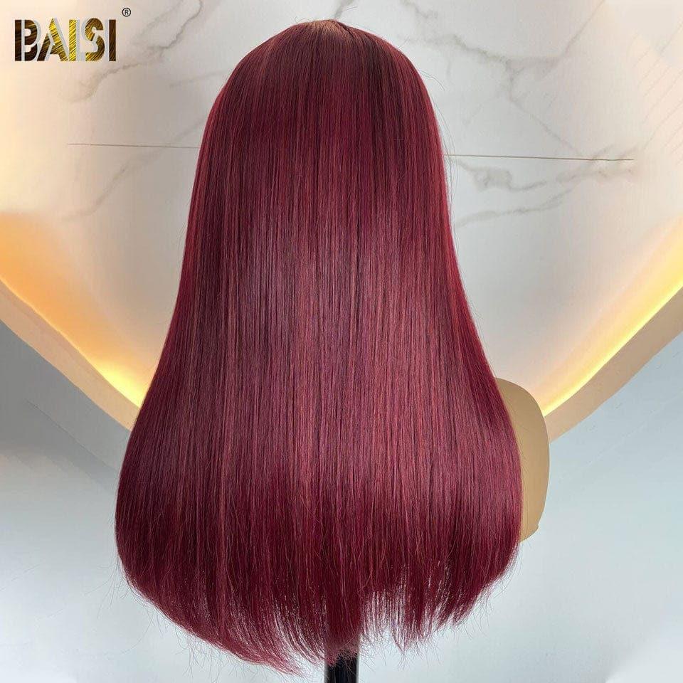 BAISI Perrucche di lusso lisce Bordeaux #99J con frangia, realizzate con capelli double drawn, con riga naturale al centro