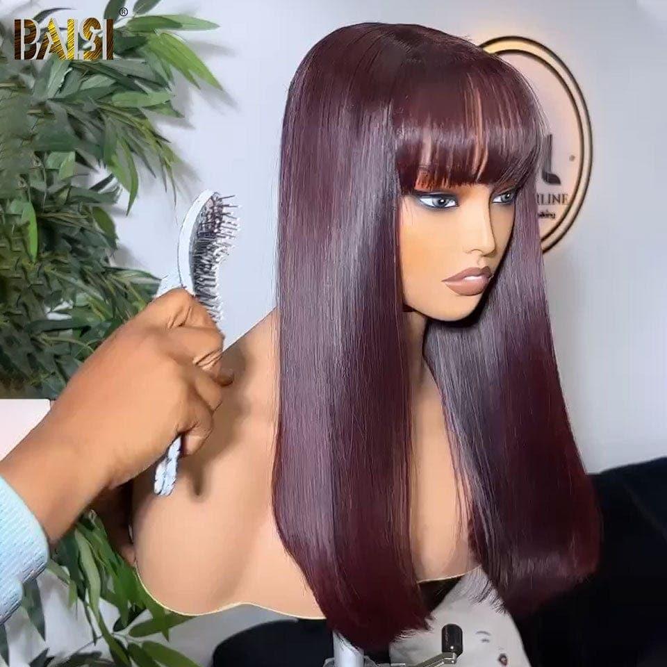 Parrucche diritte di lusso BAISI in Borgogna # 99J con frangia Realizzate con capelli doppi stirati con riga centrale naturale