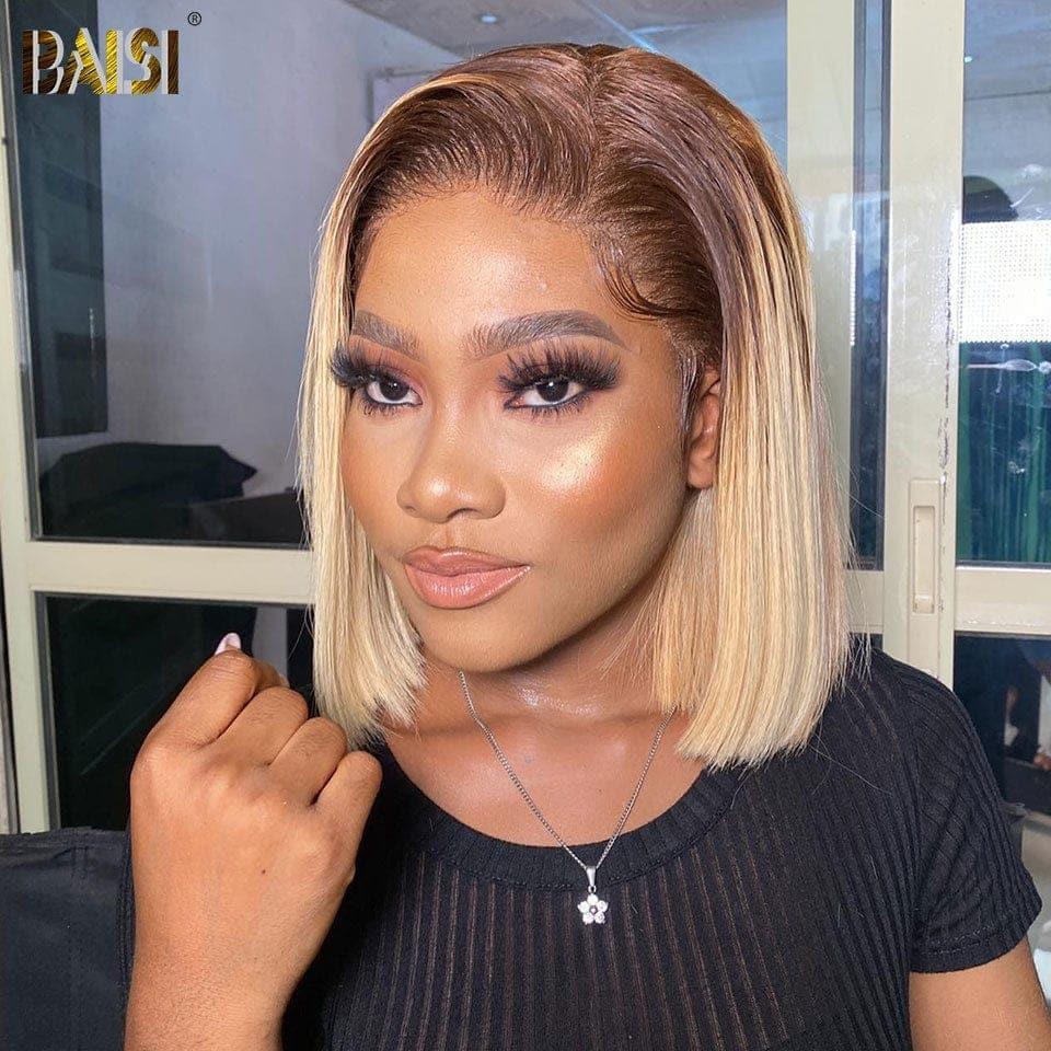 BAISI Achetez 2 perruques minimum au prix d'usine fournisseur pixie sans Colle blonde ou 13X4 perruque bob lisse en couleur #4#613 Pré-plucked Pas Besoin de Colle en 100% Raw Hair Lace déjà couper