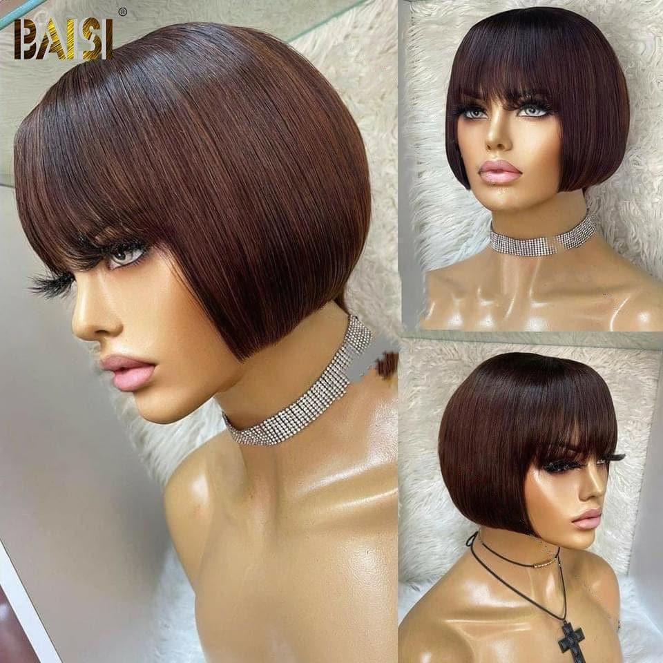 BAISI PARRUCCA BOB CINESE SENZA LACE LISCI CON FRANGIA #1BMIX#4 o 4#30#4# in 100% Capelli Umani