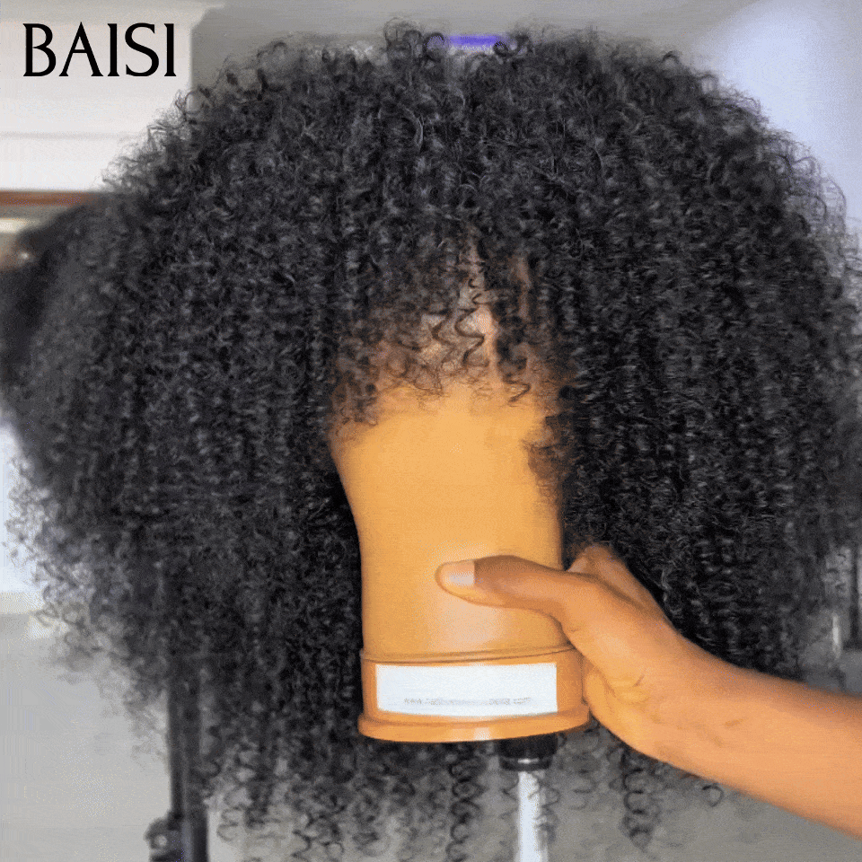 BAISI Perruque Afro Curly Bouclée Noir avec Frange Sans Lace ou Avec 13x4 Lace Frontal 18 Pouces 300% de Densité Trop Doux en 100% Cheveux Humains de Bonne Qualité