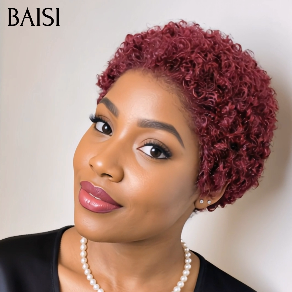 BAISI Pixie Afro Curl Rouge Bordeaux 99J# Prix Cassé 45€ Modèle Sans Colle Sans Lace Facile à Porter En 100% Cheveux Humains