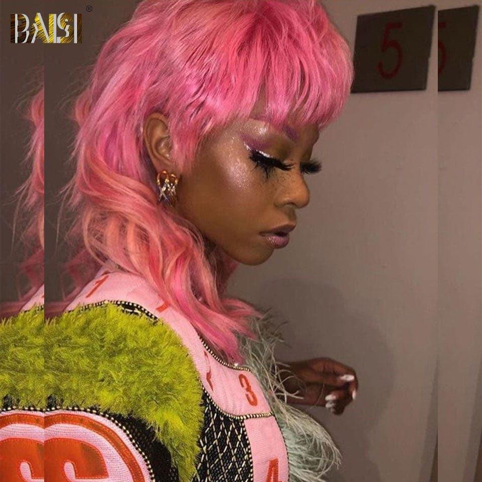 BAISI Top Modèle Perruque MULLET Style en Rose en 100% Cheveux Humains Fabriquées par les cheveux double drawn mèches vièges de haut en bas même taille même volume plus de 20 ans d' utilisations