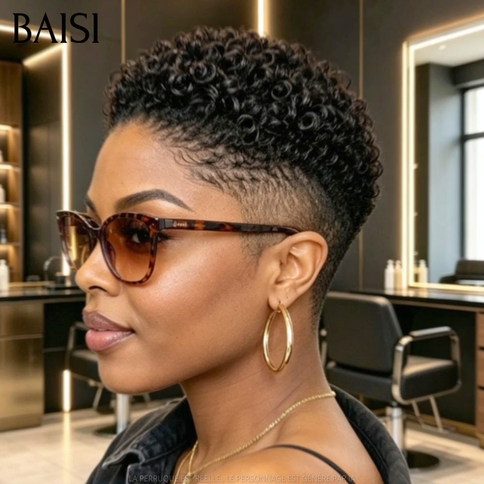 BAISI Full Lace Perruque Pixie Petite Coupe Curly Couleur Noir 1B# 145€ Elégante et Confiante en 100% Cheveux Humains