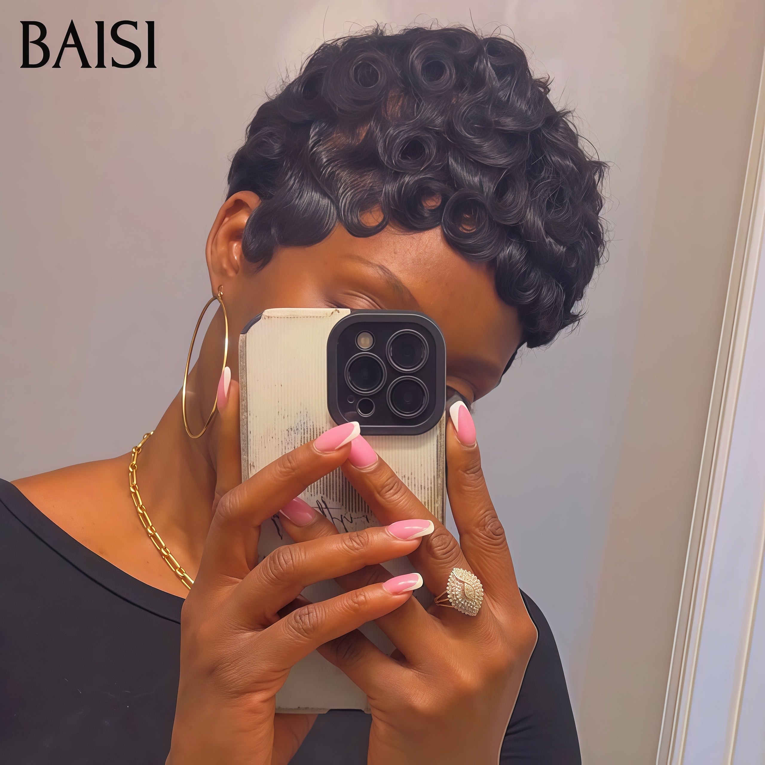 BAISI Perruque Chioma pixie Sans Colle Prêt-à-porter 40€ finger wave NOIR Moitié Prix en 100% cheveux humains