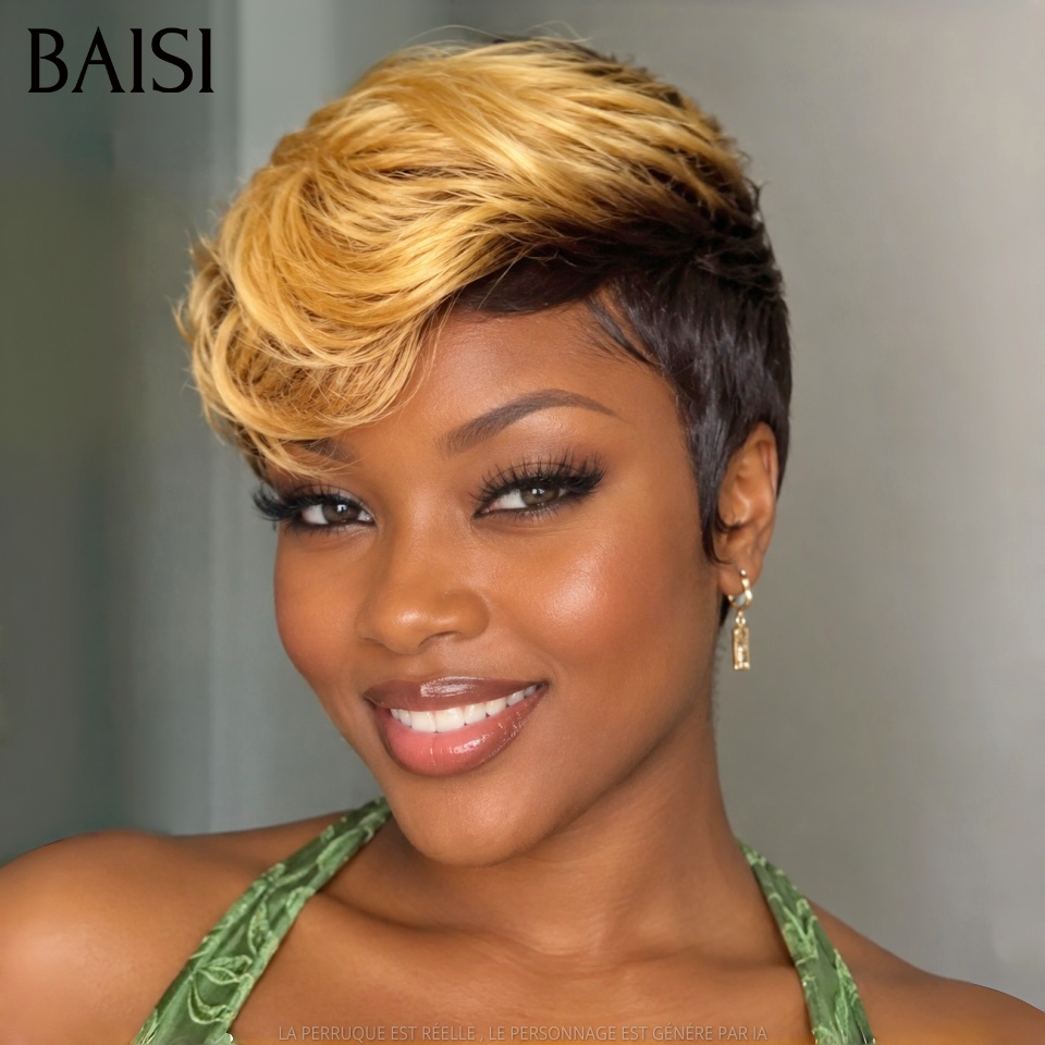 BAISI Offre Flash 37€ Petite coupe #026 en Couleur nior pixie 60€ Mix Miel 1B#27# 1087 fabriqué à la machine 100% Cheveux Humains