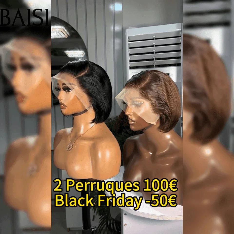 BAISI Moitié Prix 100€ 2 perruques 13X4 lace pixie lisse noir et marron en 100% cheveux humains MP50