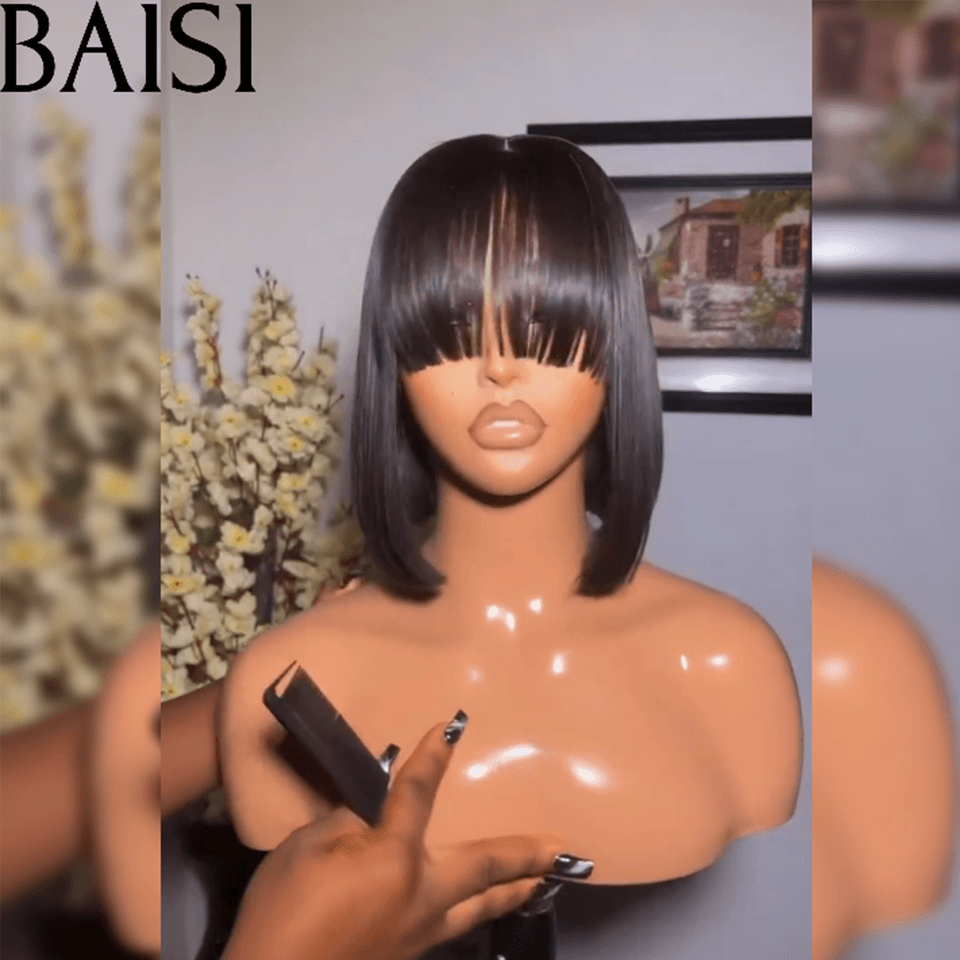 BAISI Perruque 2X4 lace 65€ Bob Lisse avec Frange en Noir Sans Colle en 100% Cheveux Humains BS65