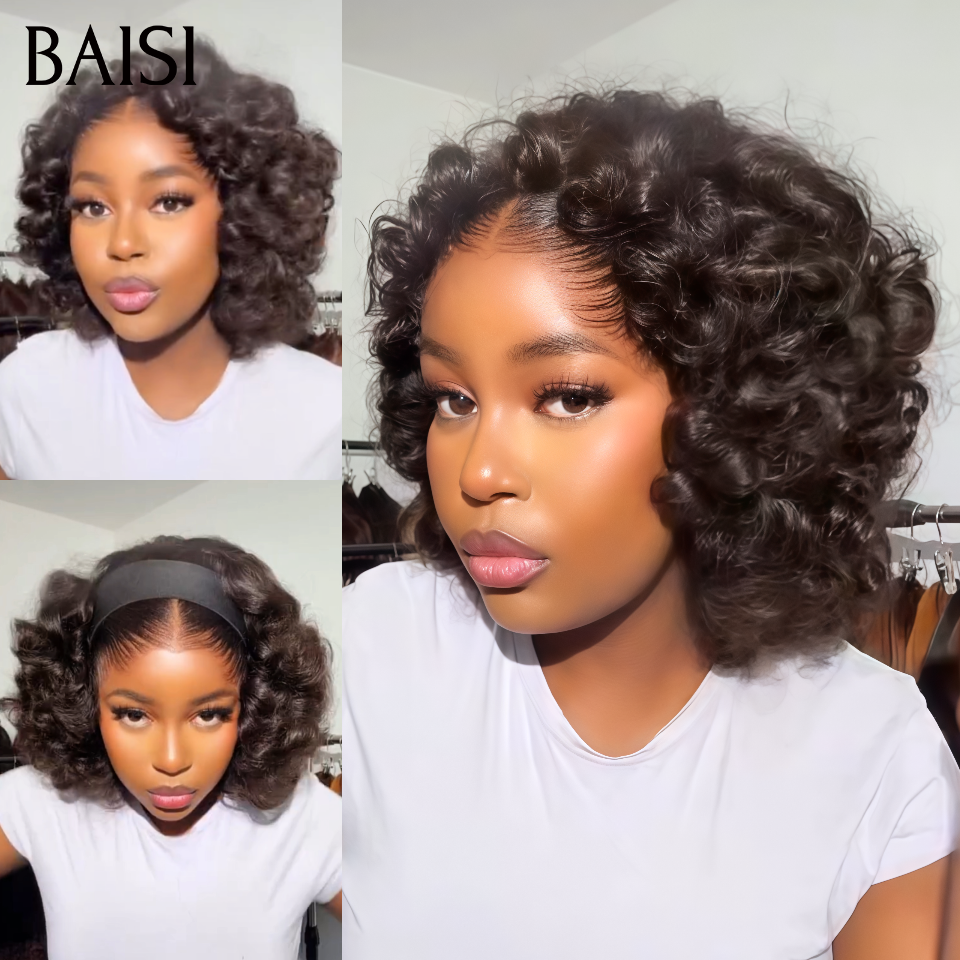 BAISI Perruque Bandeau BOB Egg wave 14 Pouces Avec ou Sans 13x4 Lace Frontal Petites Nattes D'Anges sans Colle Idéale Pour l'Eté en 100% Cheveux Humains
