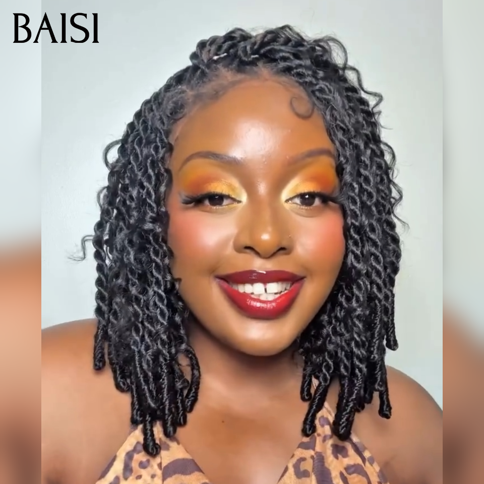 BAISI 13x4 Lace Perruque Bob Burmese Boucle Coiffée Double Tresse Naturelle Look Irresistible 10Pouces 118€ en 100% Cheveux humains