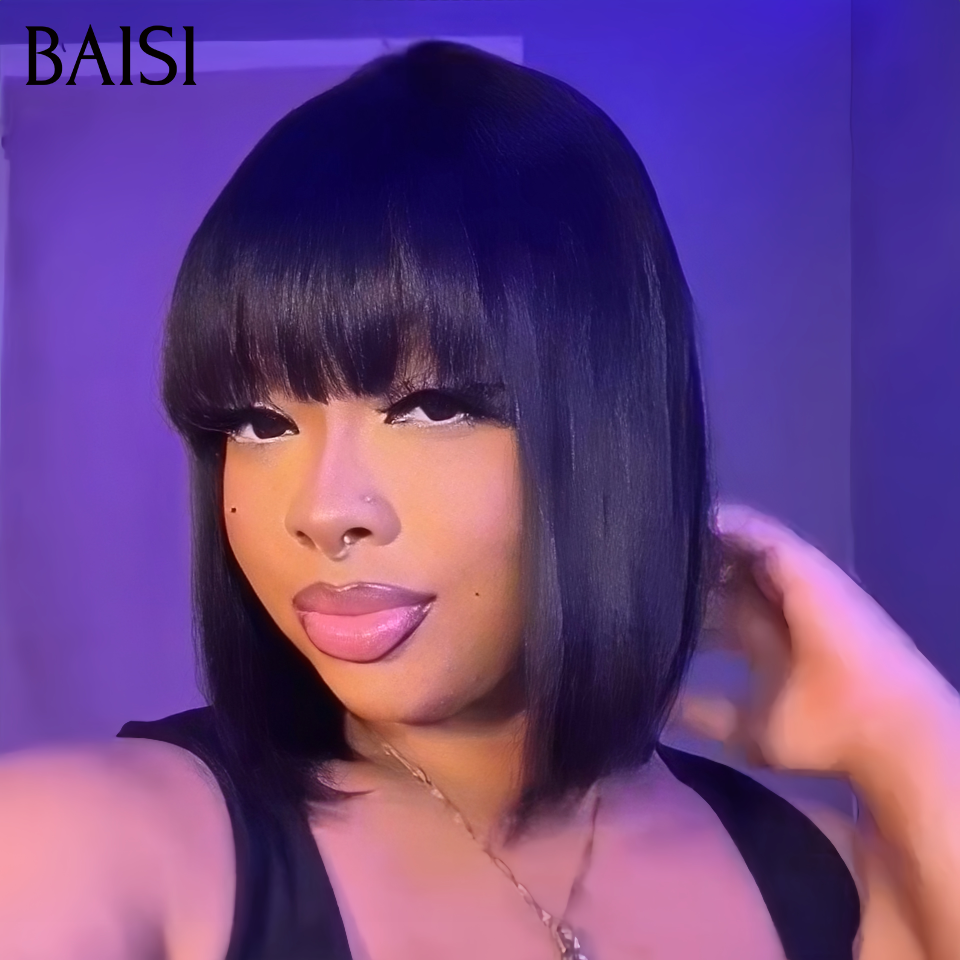 BAISI 2x6 Lace Perruque 100% Vietnam Hair Bob Lisse Noir Avec Frange 8Pouces à 12Pouces Top Grade en 100% Cheveux Humains Reçu 48H TVA 0€