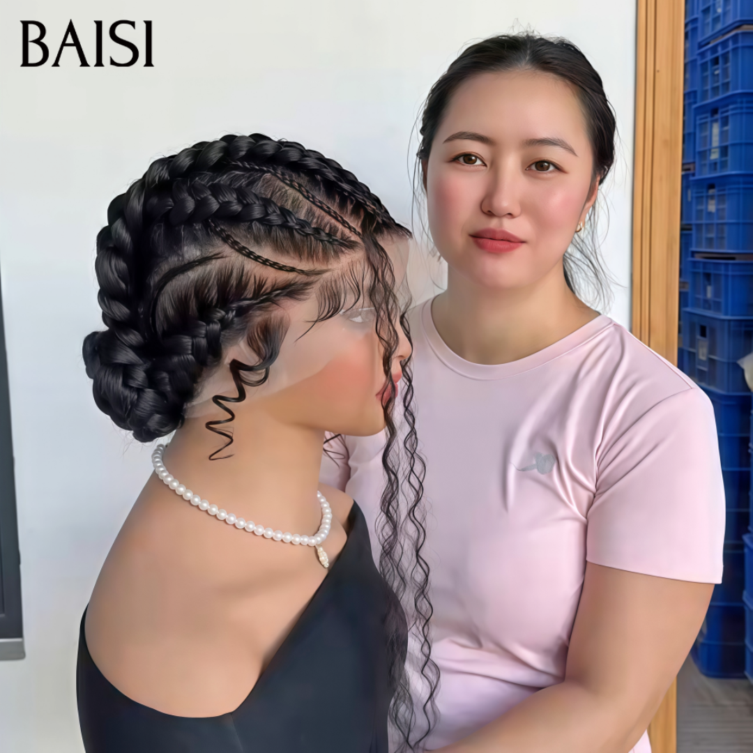 BAISI Full Lace Perruque Bouclée Déjà Coiffée et Nattée Couleur Noir 199€ Dentelle Respirante Très A La Mode Cet Eté en 100% Cheveux humains