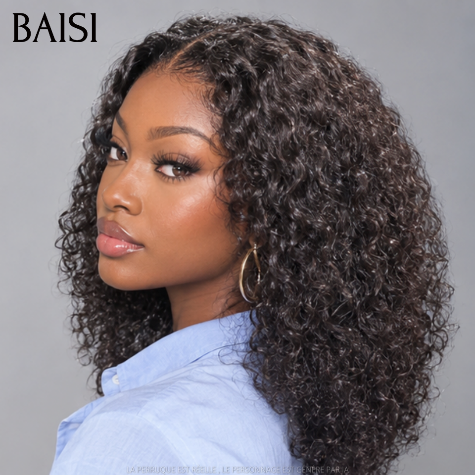 BAISI 4x4 Lace Perruque Sans Colle Bob Curly Noir Seulement Lace déjà couper 250% de Densité Bien Remplie en 100% Cheveux Humains